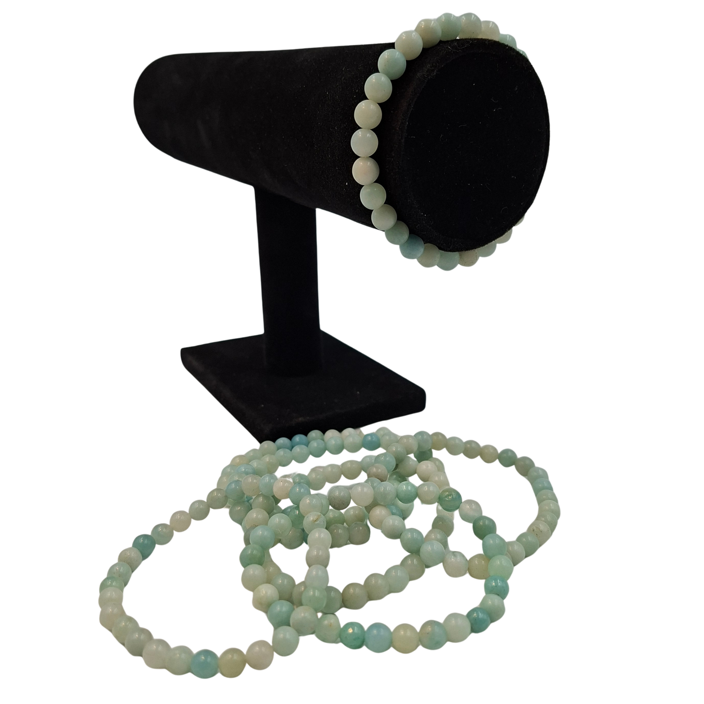 Bracciale elastico in Amazzonite 6mm, che mostra il colore verde acqua rilassante e uniforme.