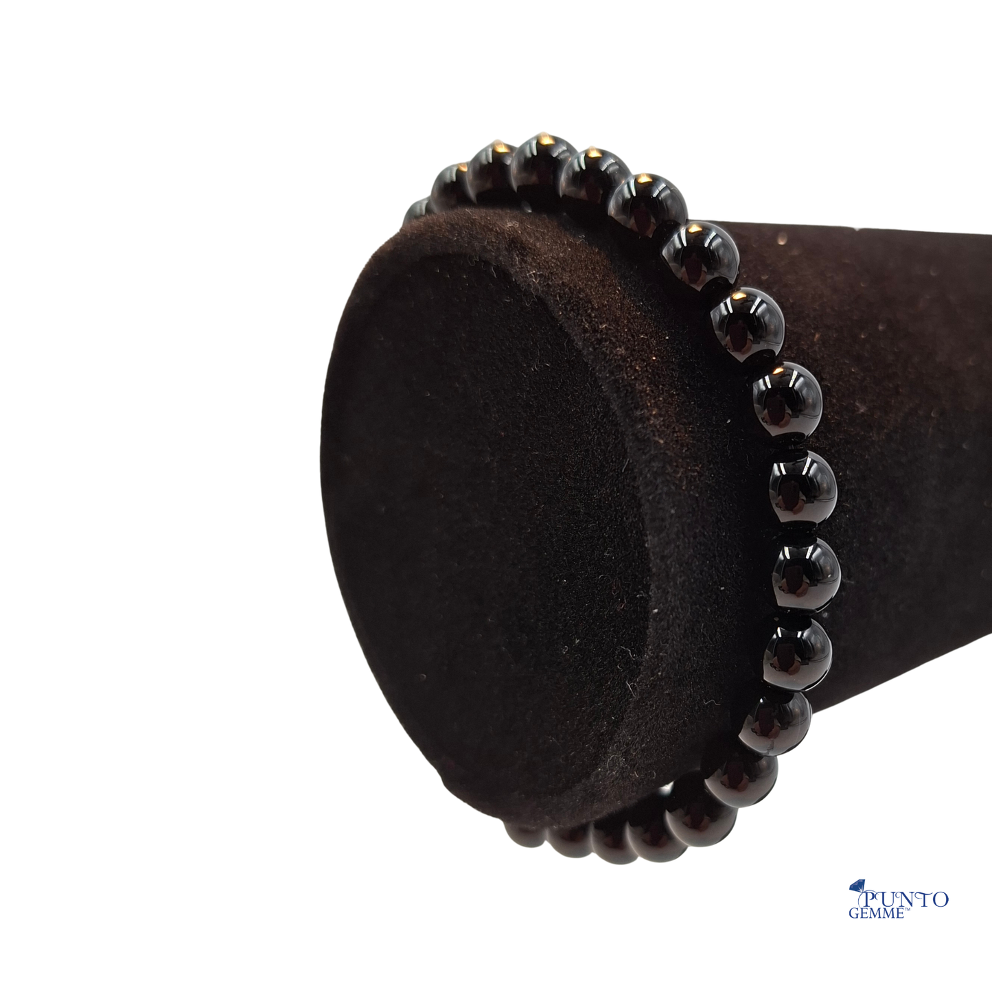 Dettaglio ravvicinato delle perle di Agata Nera 6mm, che evidenziano la finitura liscia.