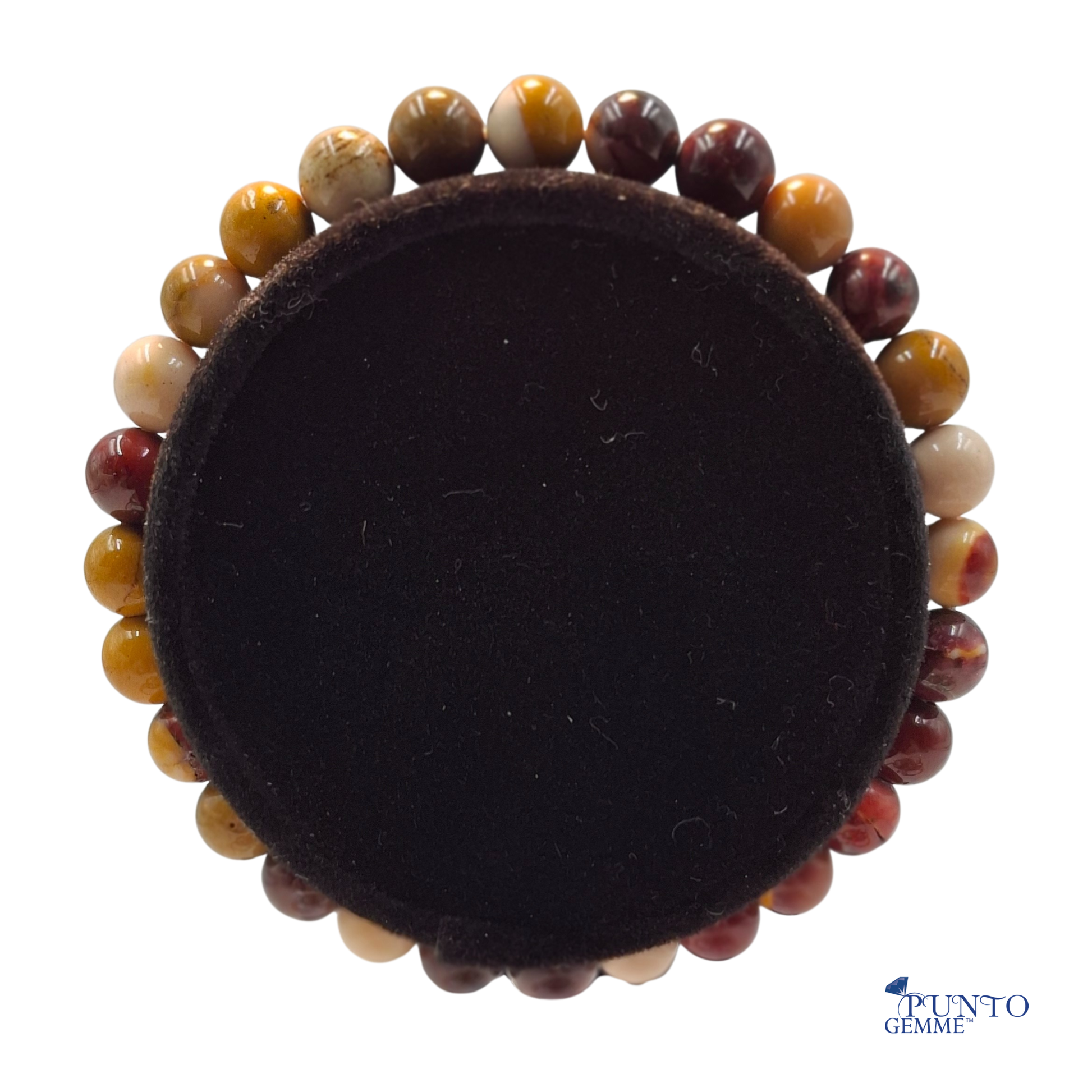 Dettaglio ravvicinato delle perle di Mookaite 6mm, che evidenziano i motivi unici di ogni singola pietra.