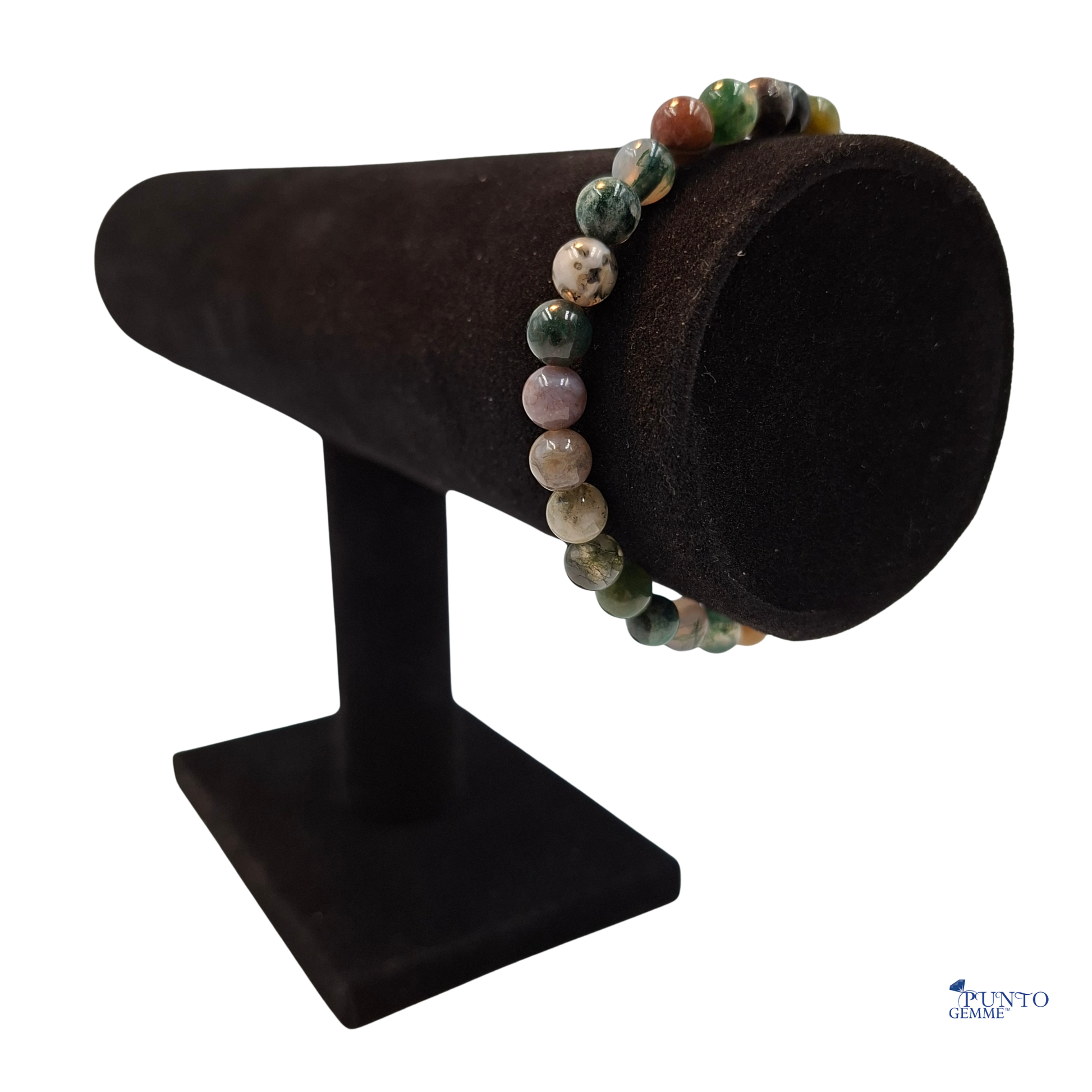 Scatto del bracciale elastico Agata Indiana arrotolato, che ne evidenzia la composizione di perle lisce.