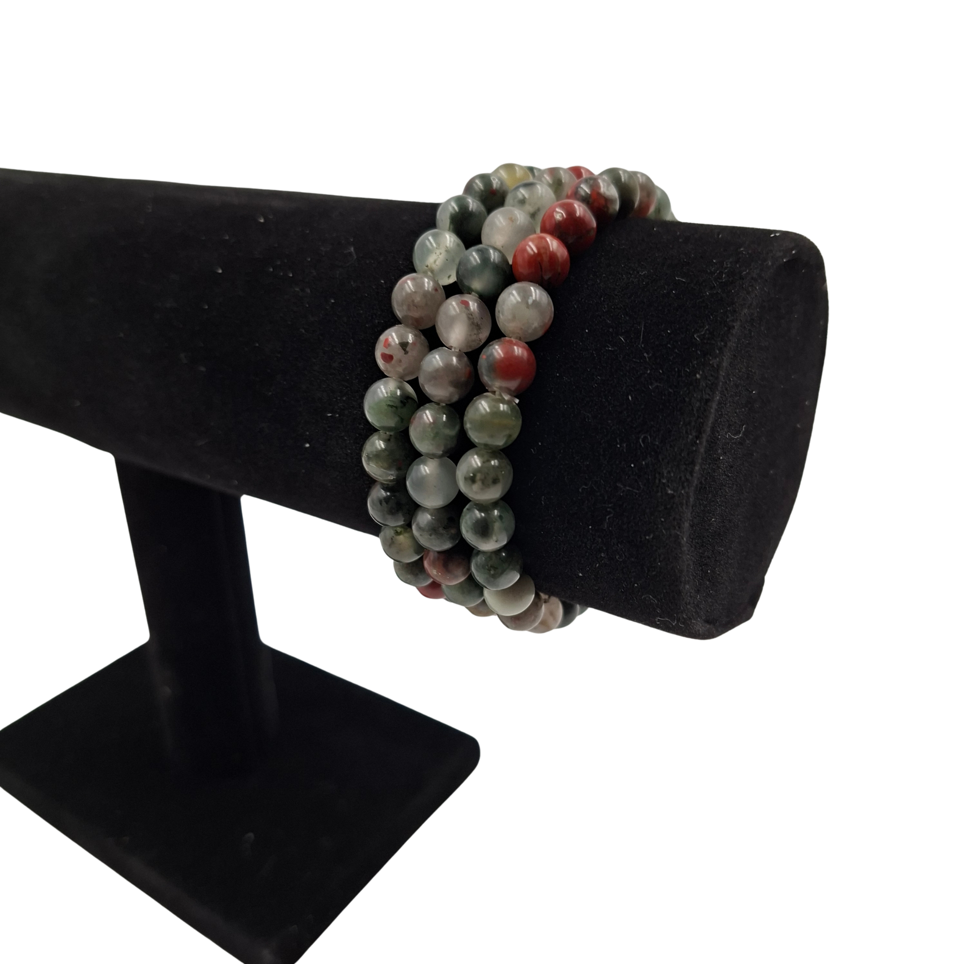 Bracciale elastico in Eliotropio (Pietra di Sangue) Tonda Liscia , che mostra la base verde scuro, rossa.