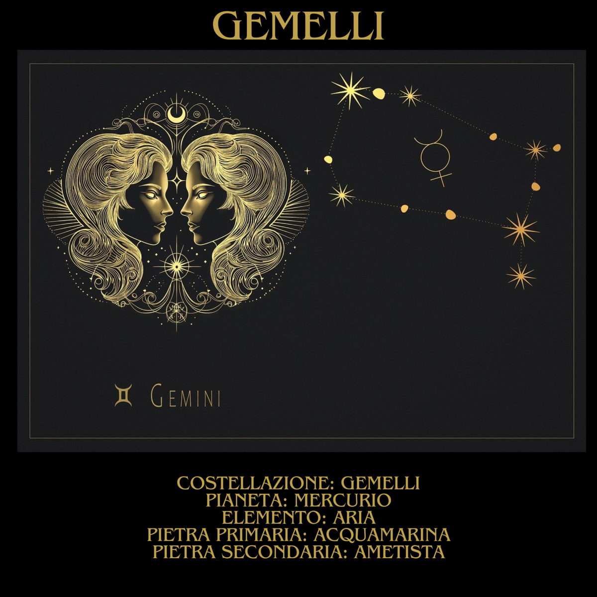 Immagine del segno Gemelli abbinato al bracciale in tormalina nera 10 mm