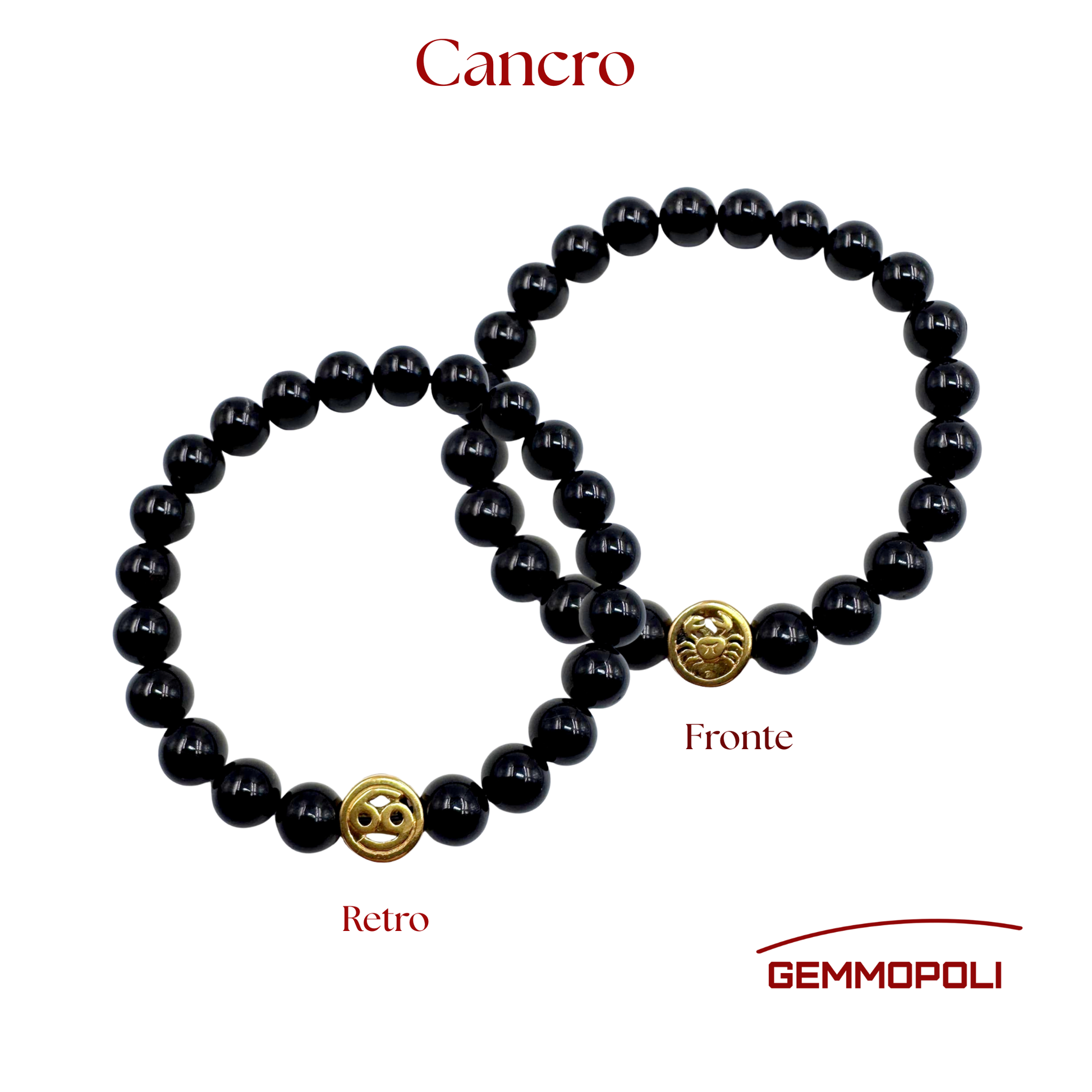 Bracciale Zodiaco Cancro PE8032 in Tormalina Nera Certificata, fronte e retro.