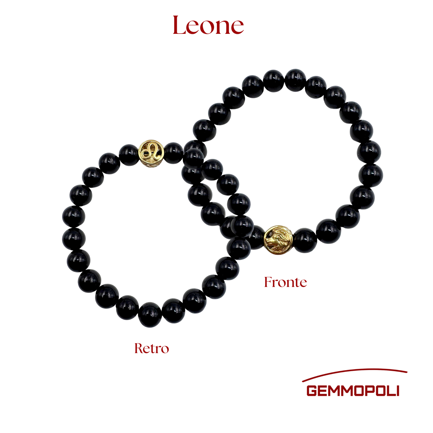 Primo piano del bracciale del simbolo zodiacale Leone. Fronte e retro