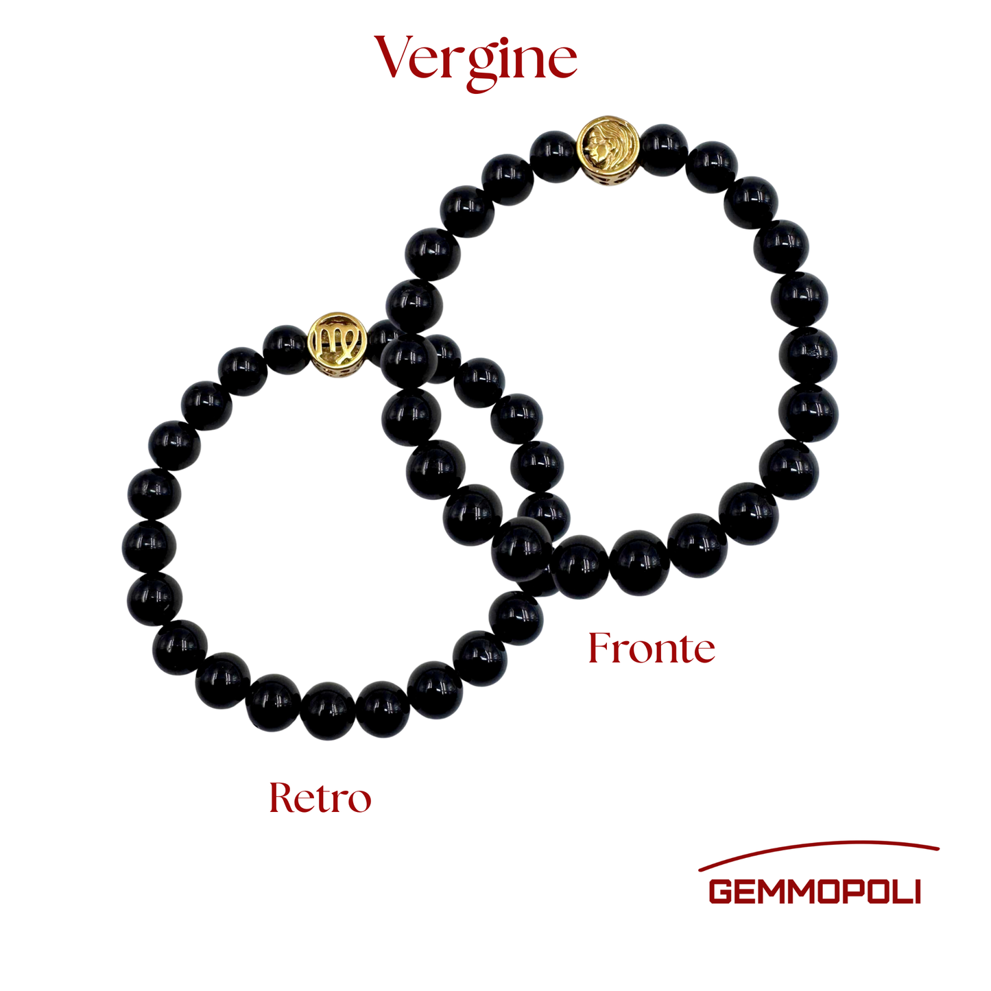 Dettaglio ravvicinato delle perle di Tormalina Nera lucida del bracciale Vergine. Fronte e retro