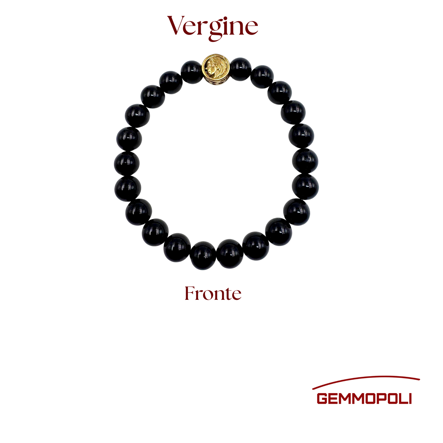 Dettaglio ravvicinato delle perle di Tormalina Nera lucida del bracciale Vergine. Fronte 