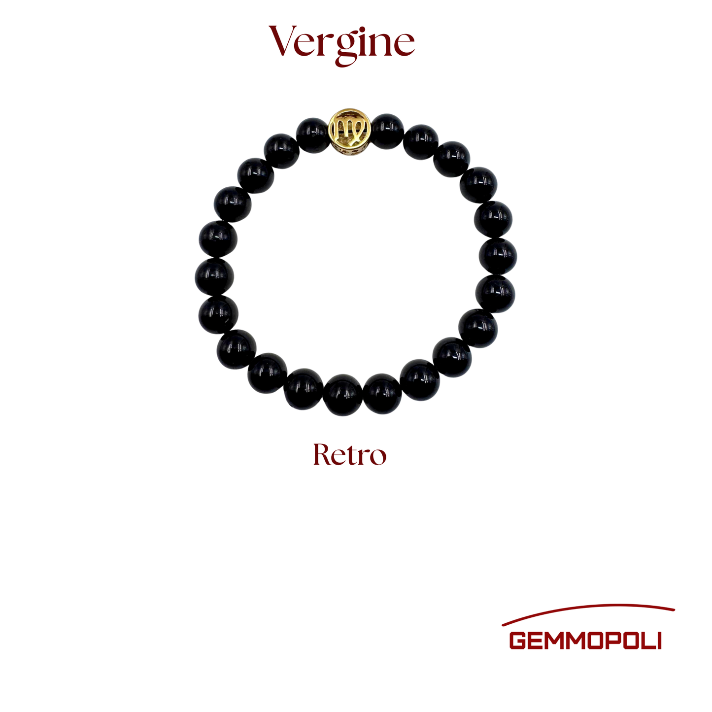 Dettaglio ravvicinato delle perle di Tormalina Nera lucida del bracciale Vergine. Retro