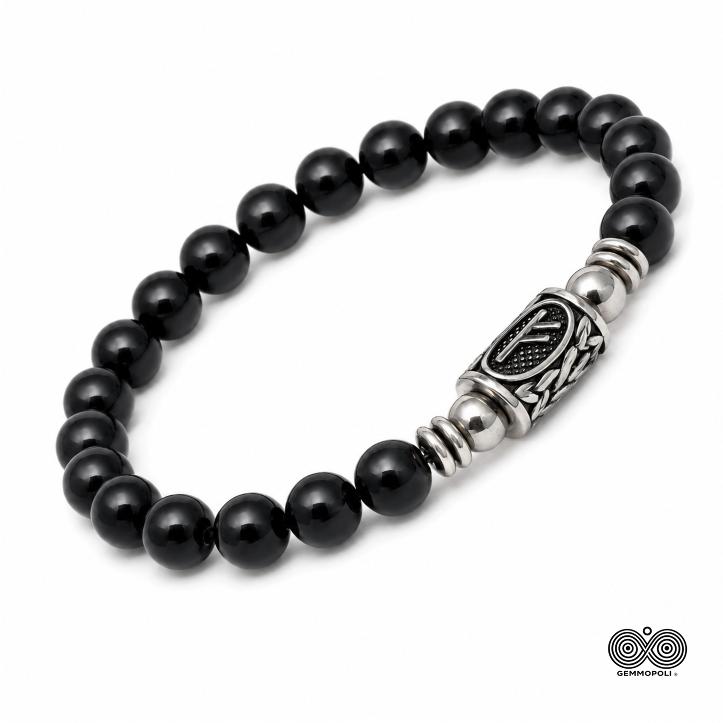 Bracciale rune norrene Fehu in Acciaio Inox e Tormalina Nera naturale