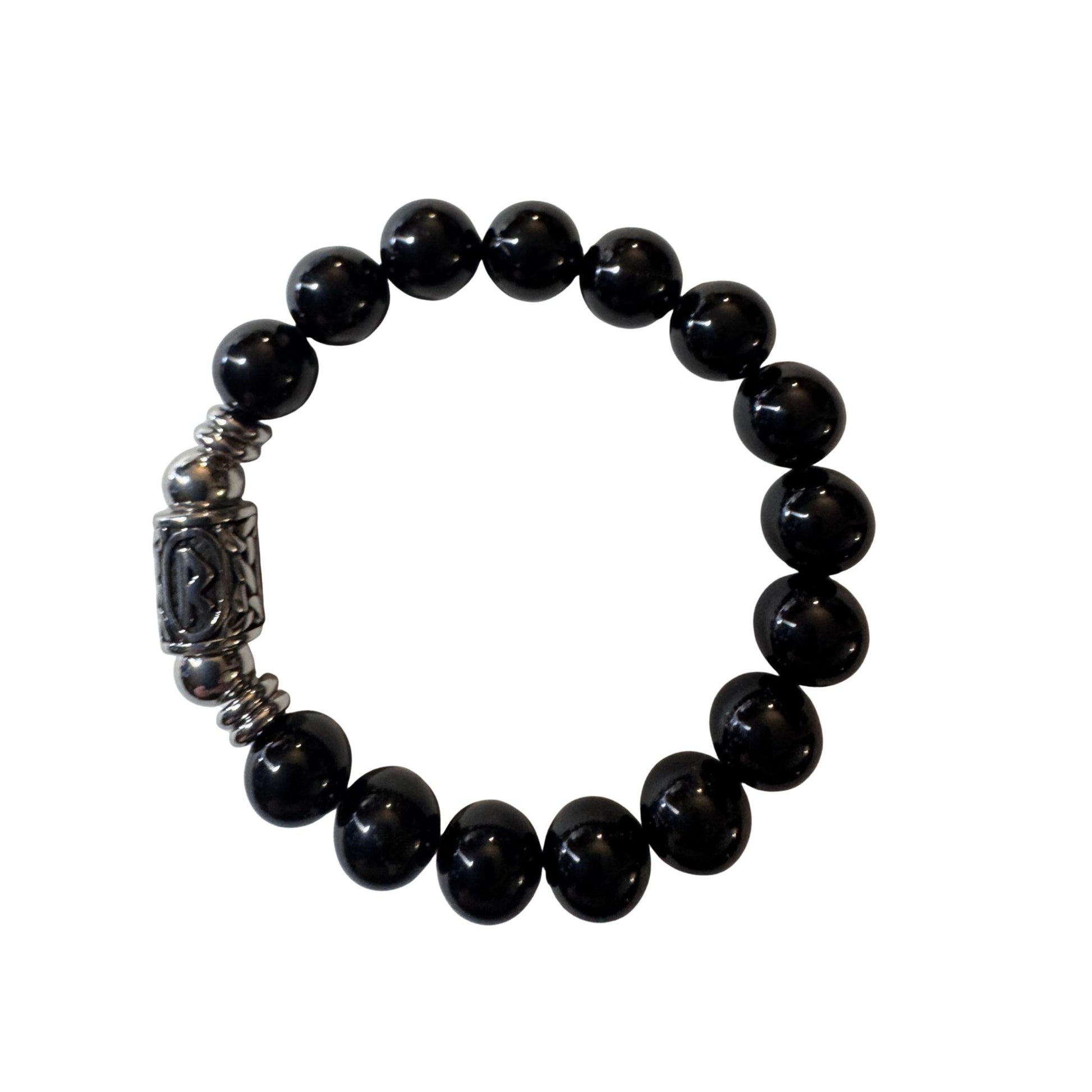 Bracciale Elastico Runa Uruz PE8042 in Tormalina Nera 10 mm lotto Certificato. Sfondo bianco per google