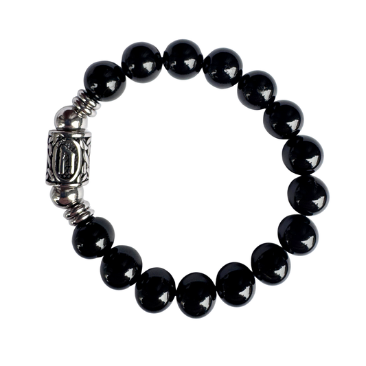 Bracciale Elastico Runa Uruz PE8042 in Tormalina Nera 10 mm lotto Certificato. Sfondo bianco per google