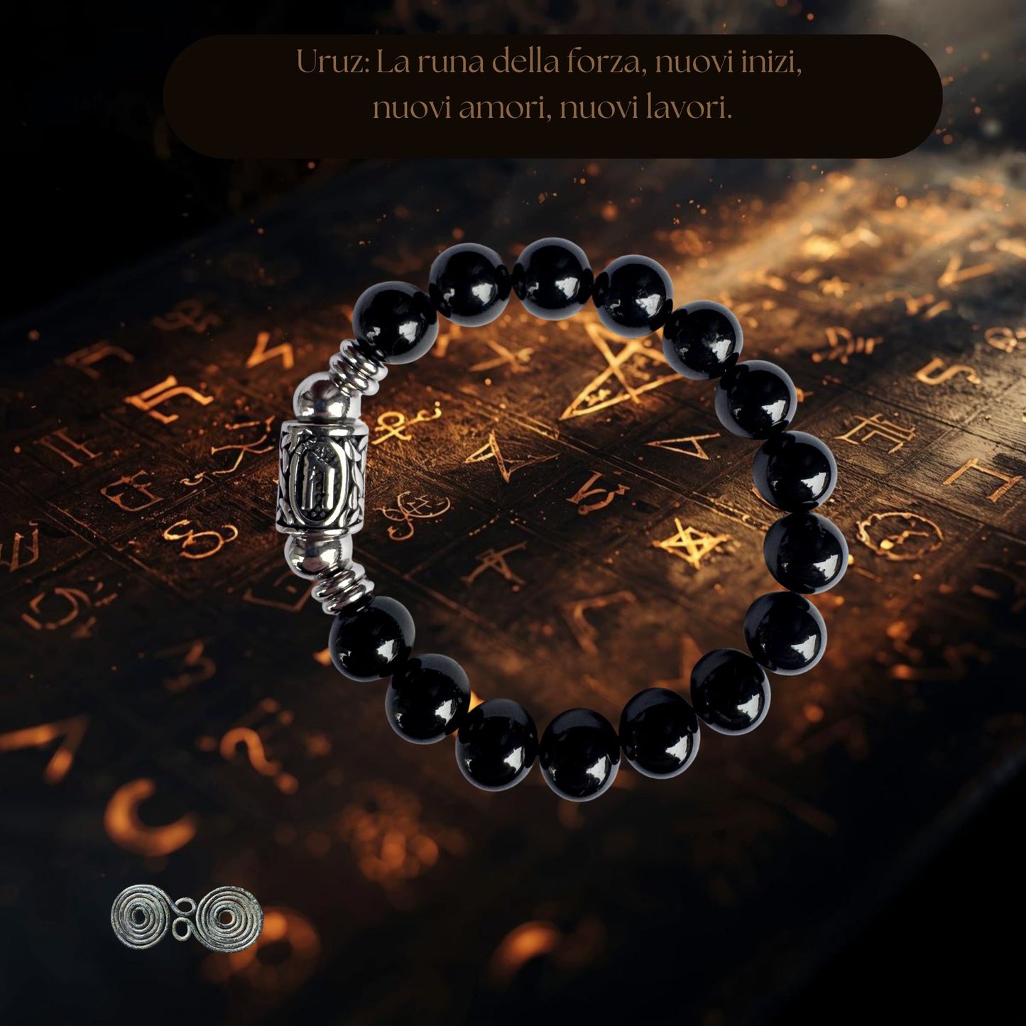 Bracciale Elastico Runa Uruz PE8042 in Tormalina Nera 10 mm lotto Certificato.. sfondo esoterico.
