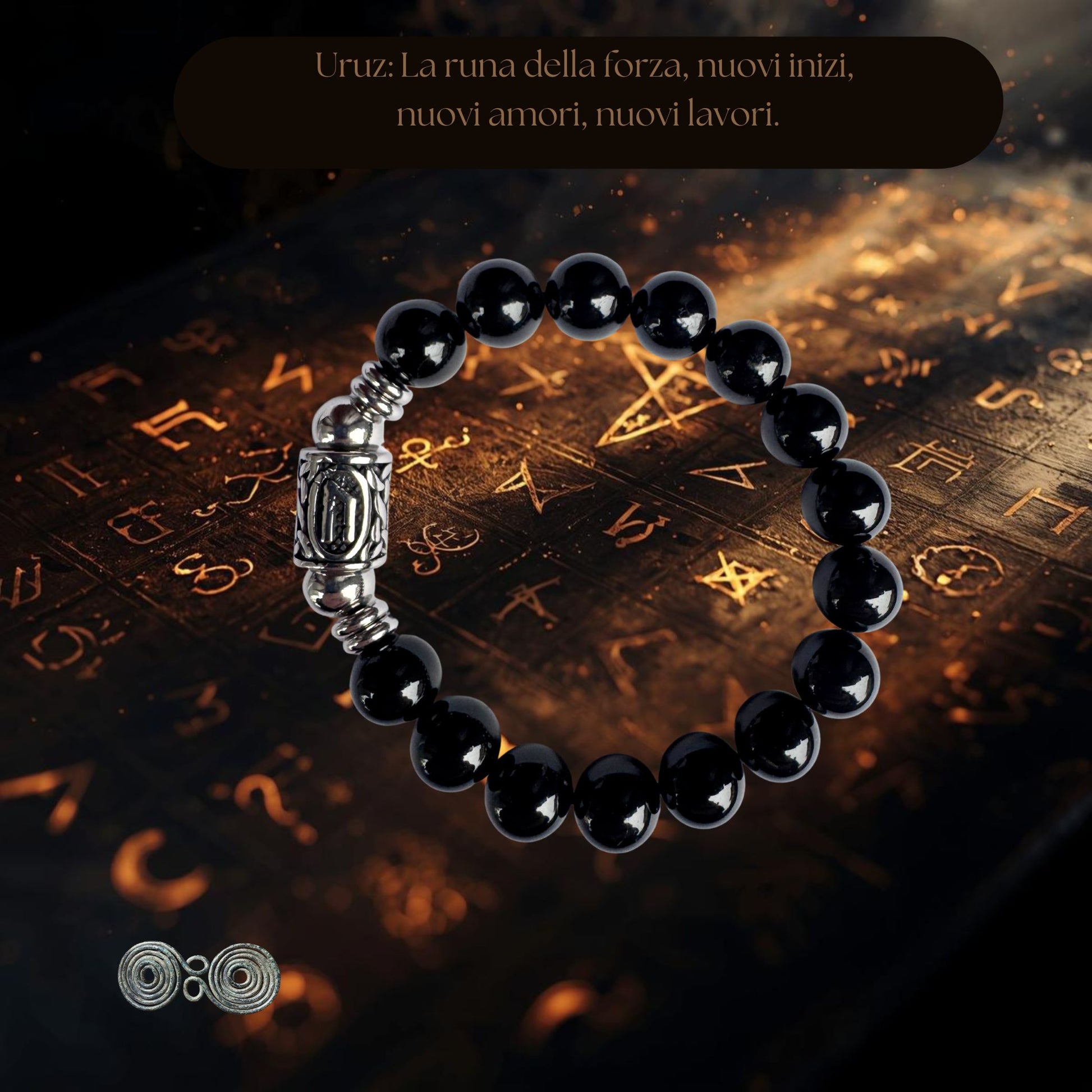 Bracciale Elastico Runa Uruz PE8042 in Tormalina Nera 10 mm lotto Certificato.. sfondo esoterico.