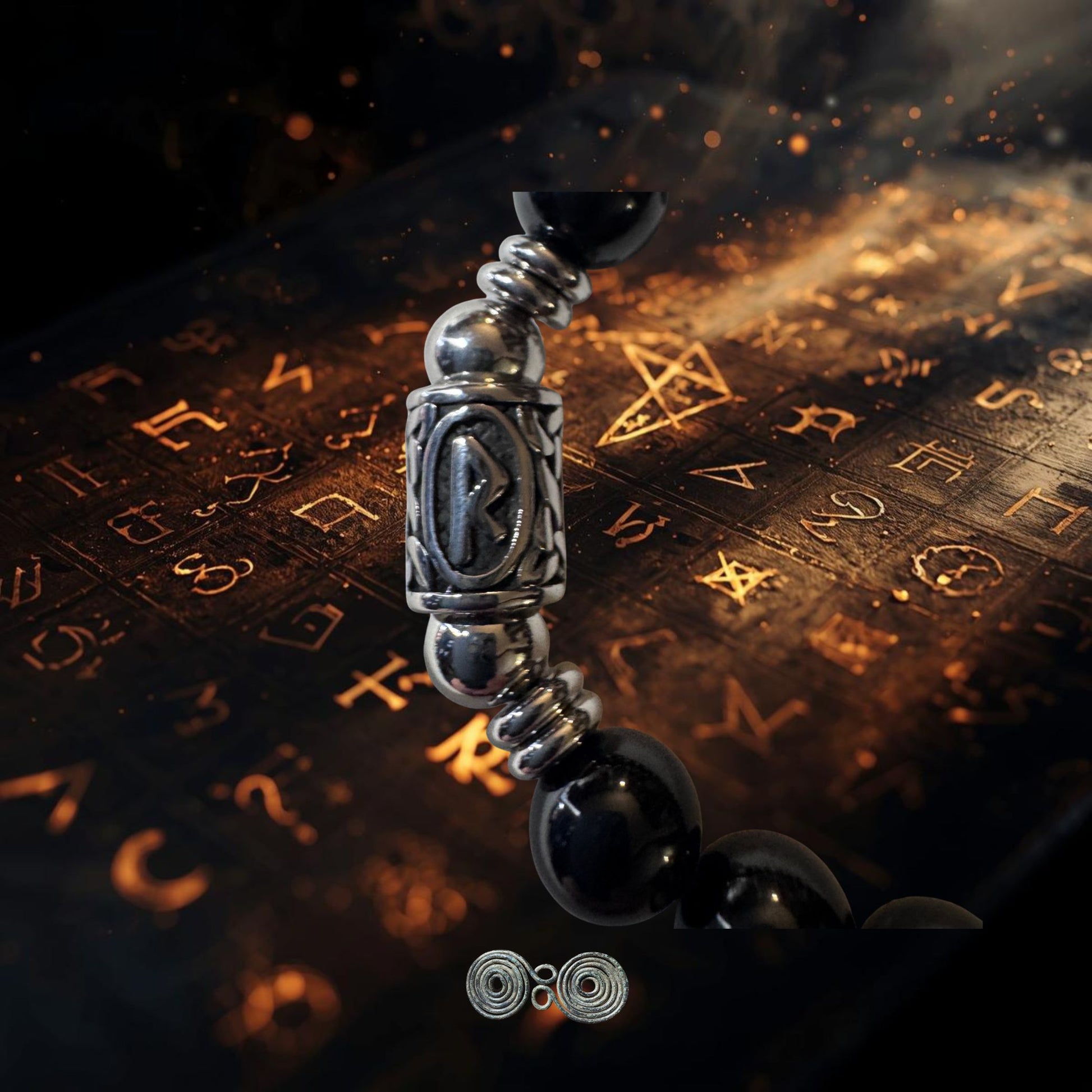 Primo piano della Runa Raidho incisa su elemento in acciaio anallergico, dettaglio lavorazione artigianale amuleto vichingo.