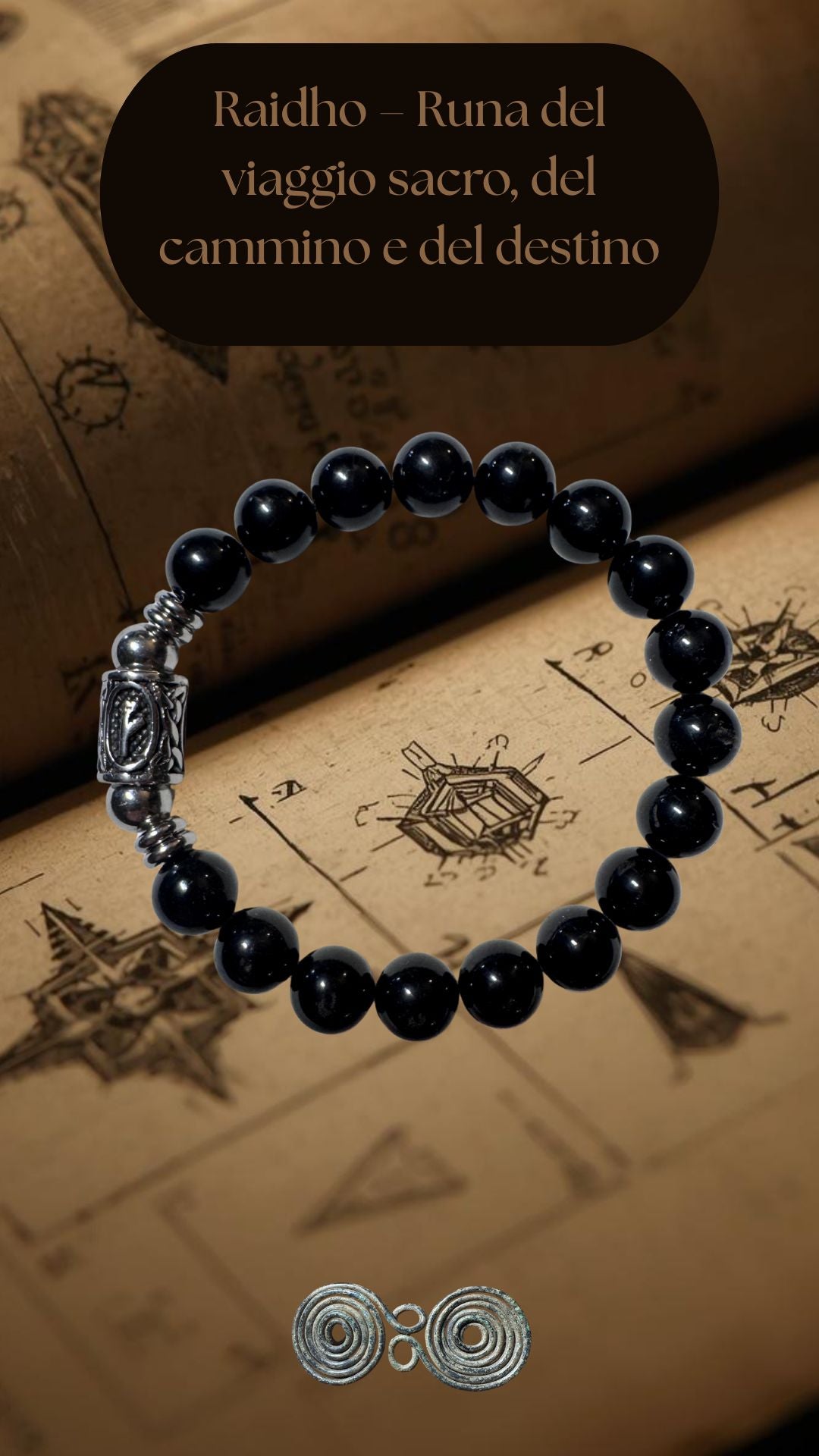 Bracciale nero con rune disponibile in 5 taglie (XS-XL), visione verticale per mobile e TikTok Shop.