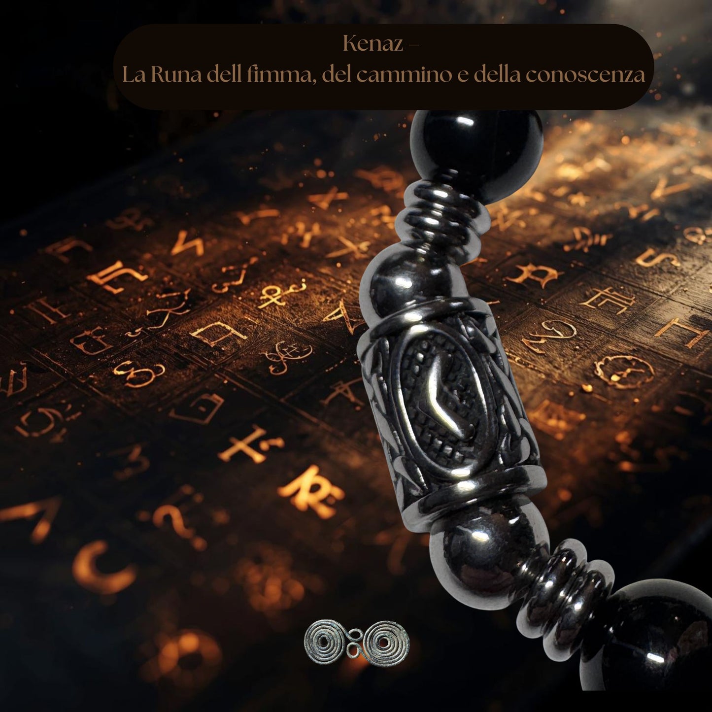 Dettaglio incisione Runa Kenaz su acciaio inox anallergico e tormalina.