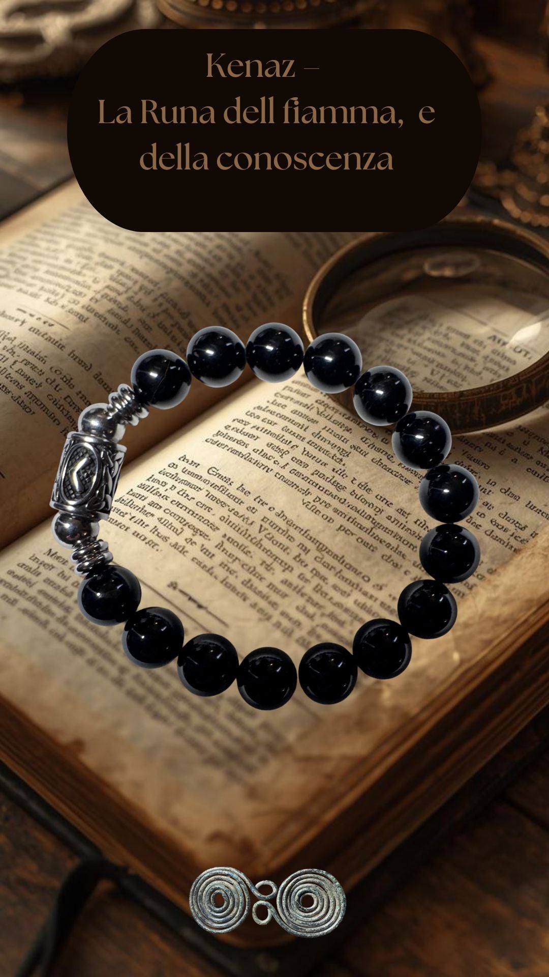 Bracciale nero con rune in 5 taglie (XS-XL) formato verticale.