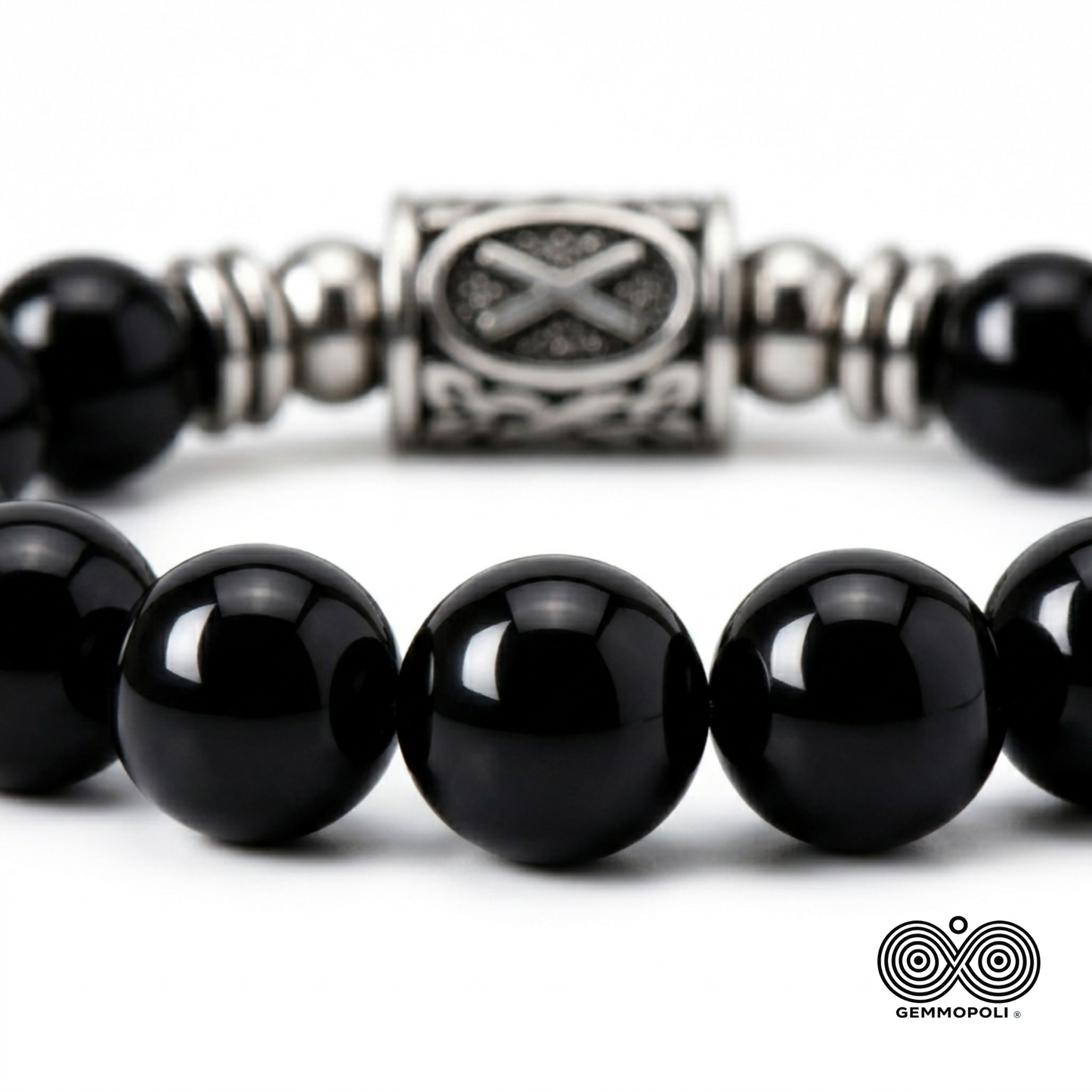 Bracciale Rune Gemmopoli PE8047 Tormalina Nera 10 mm Lotto Certificato