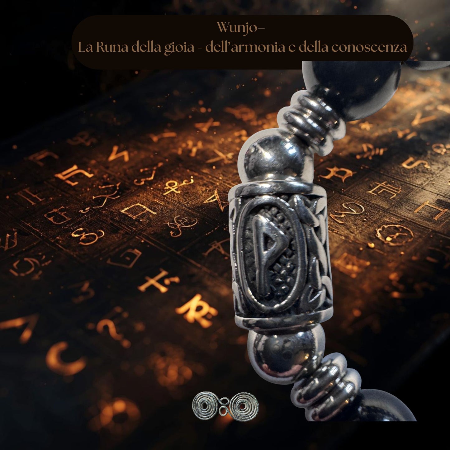 primo piano incisione runa wunjo (p) su acciaio inox e tormalina nera autentica.