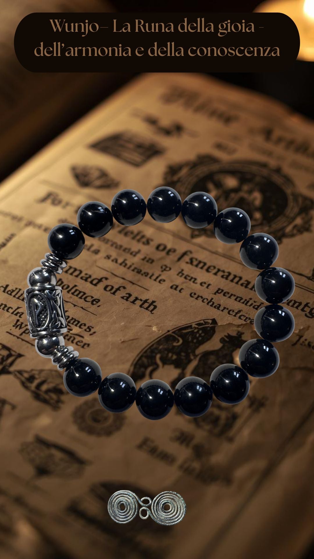 amuleto runico wunjo per felicità e successo, bracciale protettivo pietre nere.