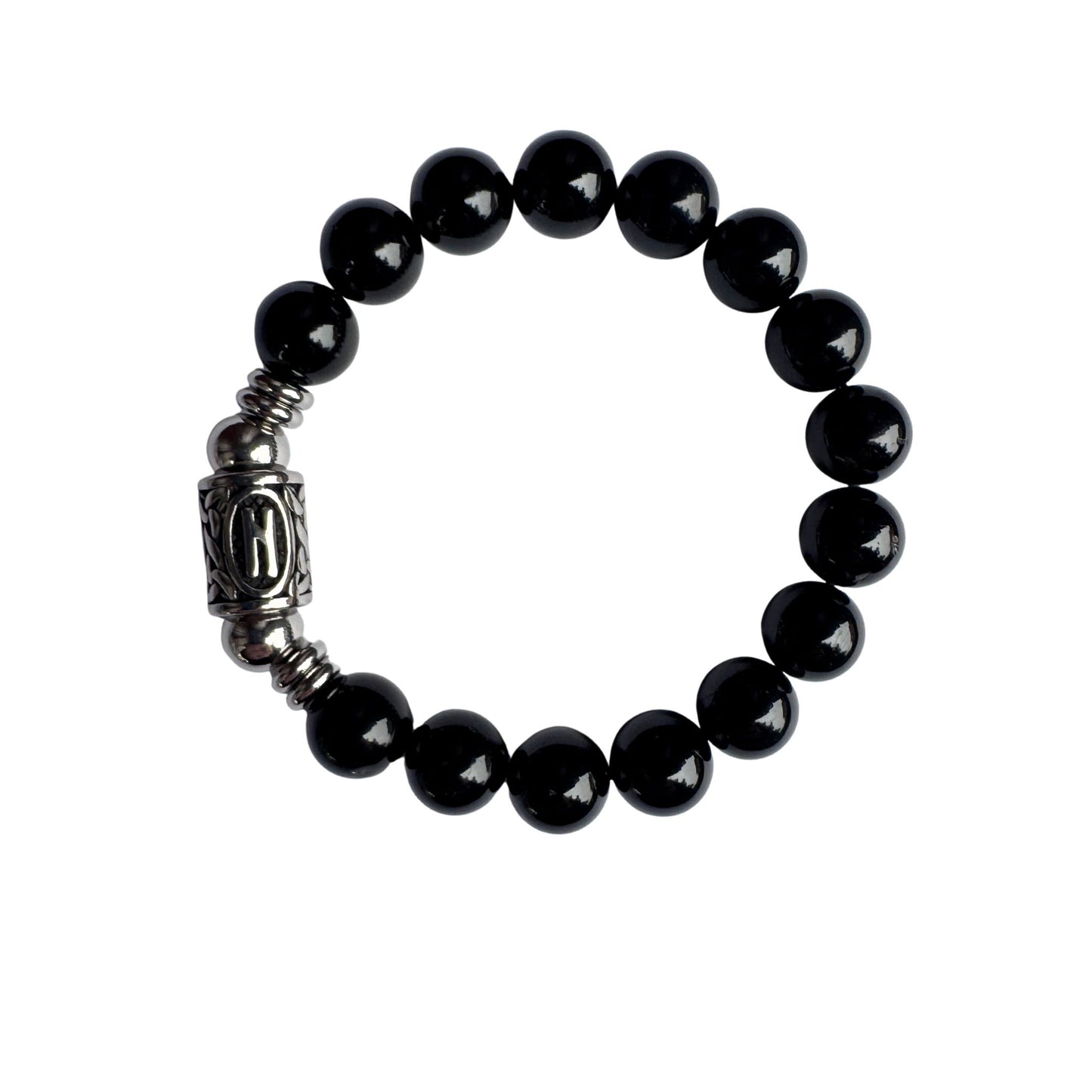 Bracciale PE8049 in Tormalina Nera da lotto certificato da 10 mm con la runa Hagalaz, sfondo bianco per google
