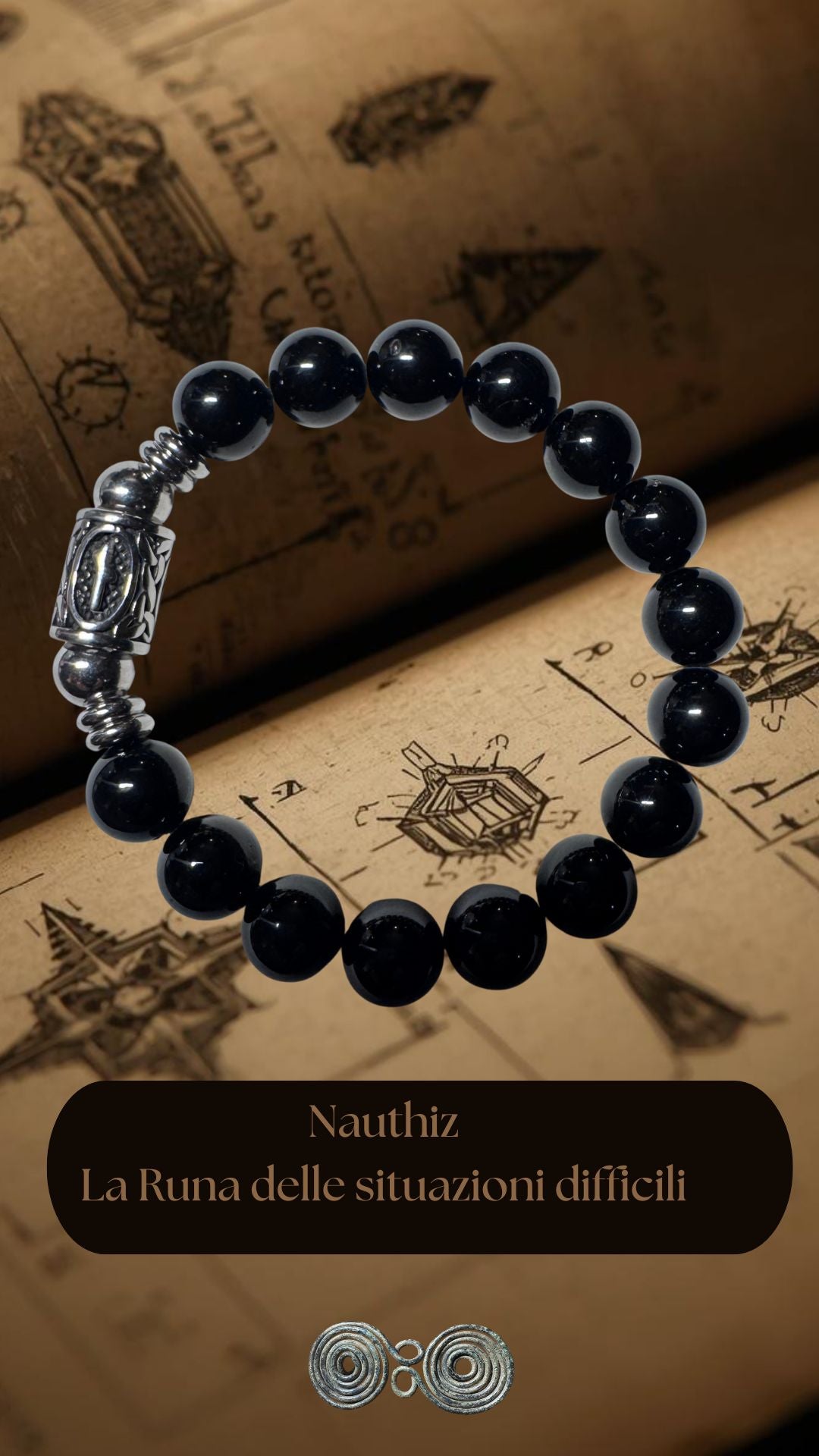 Bracciale della serie rune in tormalina nera certificata, collezione Pietra Aurea.