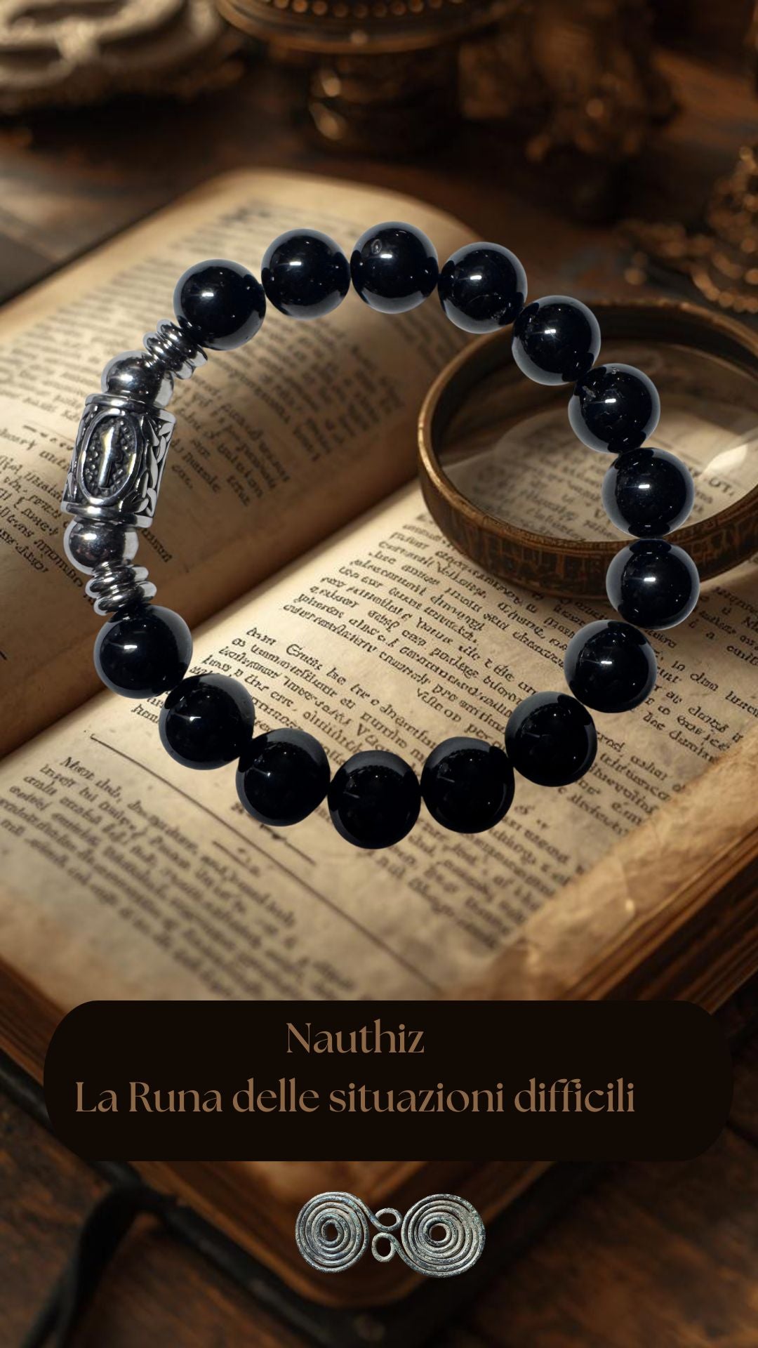 Bracciale della serie rune in tormalina nera certificata, sfondo iniziatico