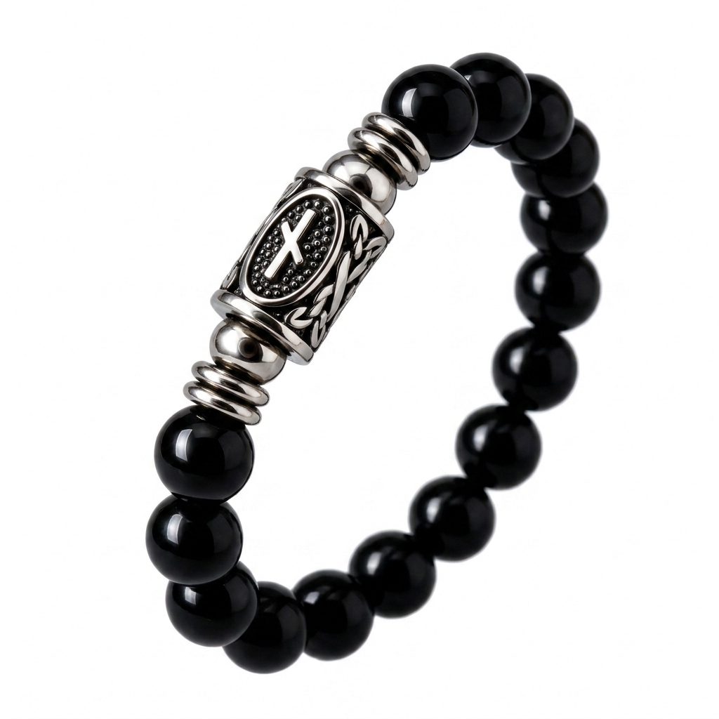 Vista laterale Bracciale Runa Nauthiz Tormalina Nera PE8050