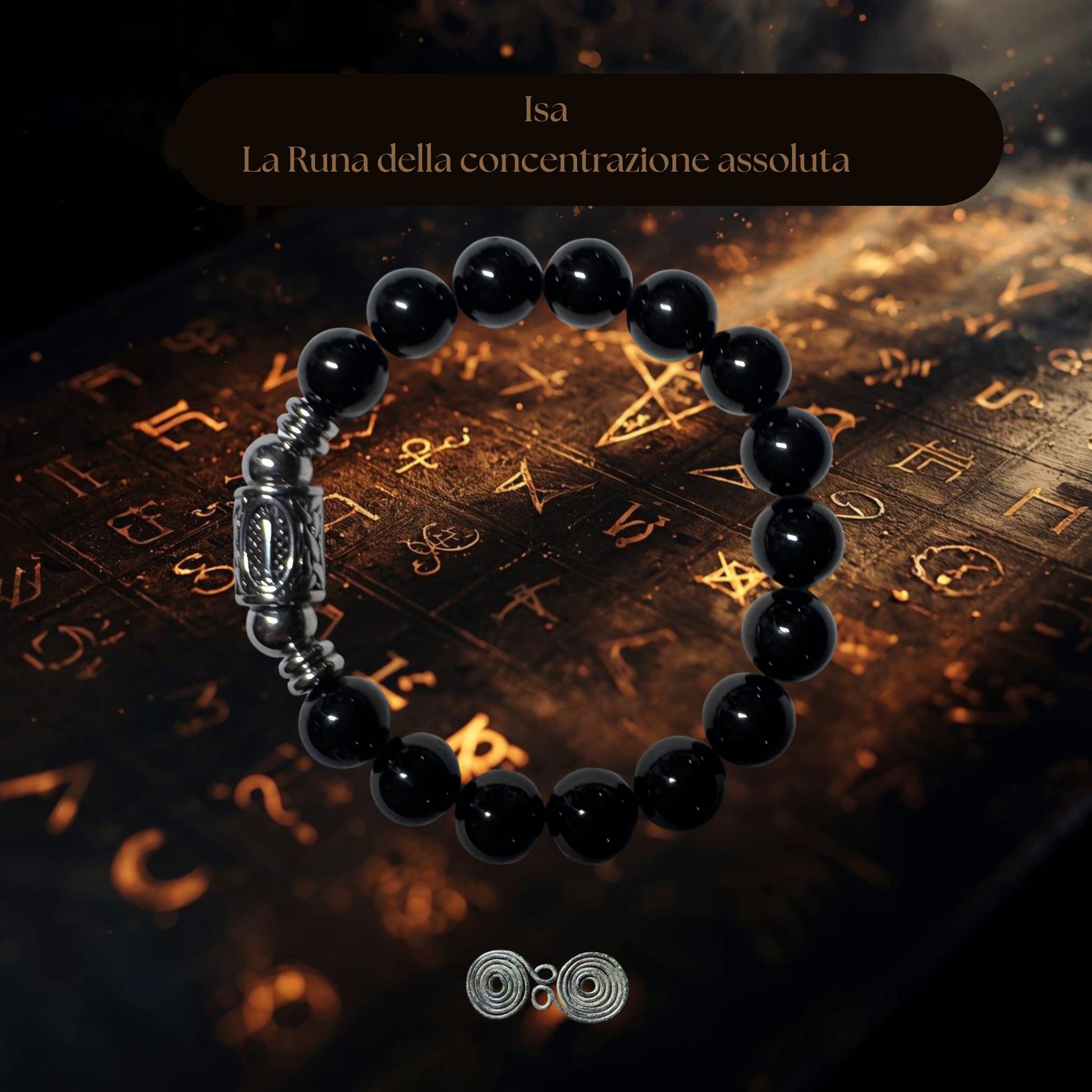 Bracciale in Tormalina Nera PE8051 con la runa Isa incisa,su sfondo esoterico