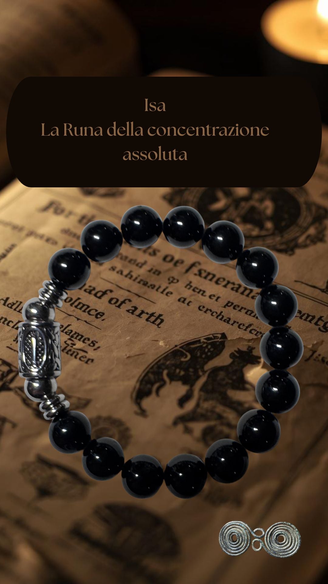 Bracciale in Tormalina Nera PE8051 con la runa Isa incisa, una linea verticale simbolo di stasi e forza. Verticale per social