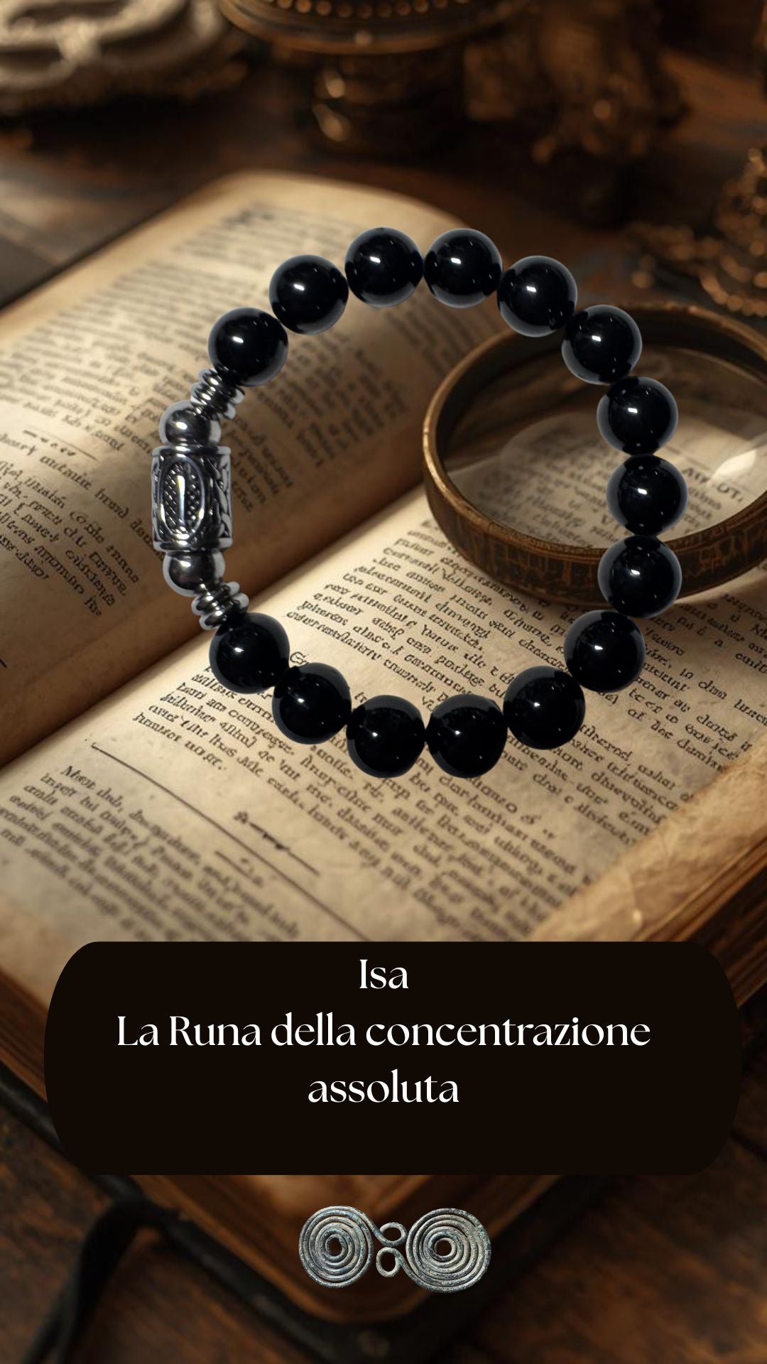 Bracciale in Tormalina Nera PE8051 con la runa Isa incisa, una linea verticale simbolo di stasi e forza. Sfondo iniziatico per social