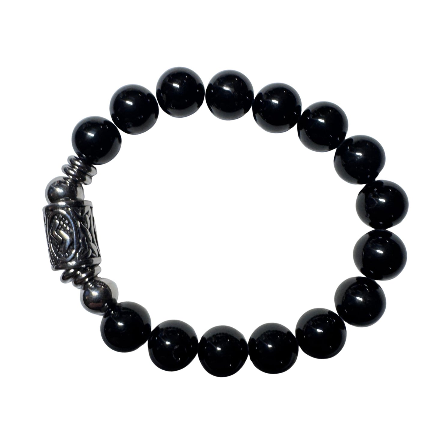 Bracciale PE8052 in Tormalina Nera con la runa Jera incisa, simbolo di abbondanza e cicli. Sfondo bianco per social