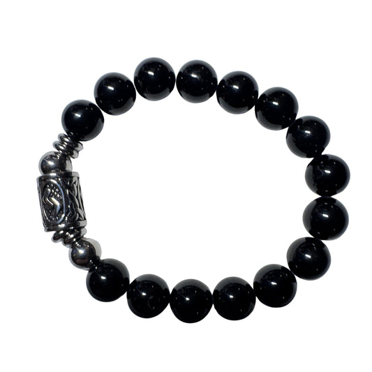 Bracciale PE8052 in Tormalina Nera con la runa Jera incisa, simbolo di abbondanza e cicli. Sfondo bianco per social