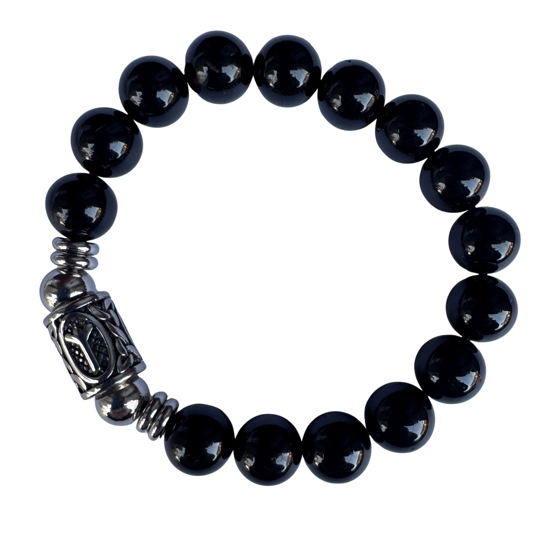 Bracciale Elastico Runa Algiz PE8055 in Tormalina Nera 10mm Certificata. Sfondo bianco per google