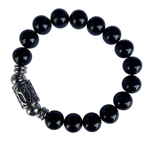 Bracciale Elastico Runa Algiz PE8055 in Tormalina Nera 10mm Certificata. Sfondo bianco per google