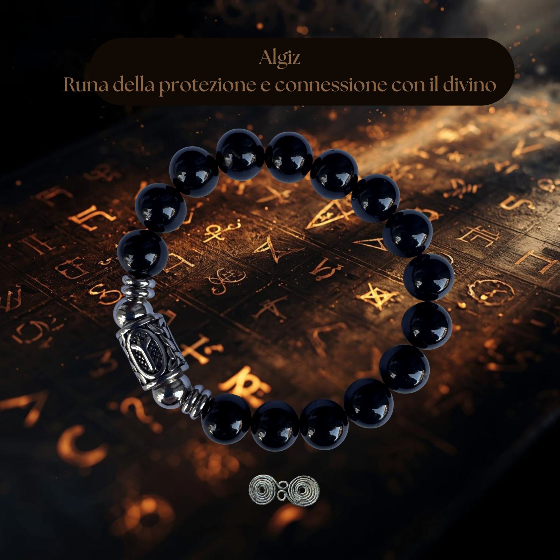 Bracciale Elastico Runa Algiz PE8055 in Tormalina Nera 10mm Sfondo esoterico