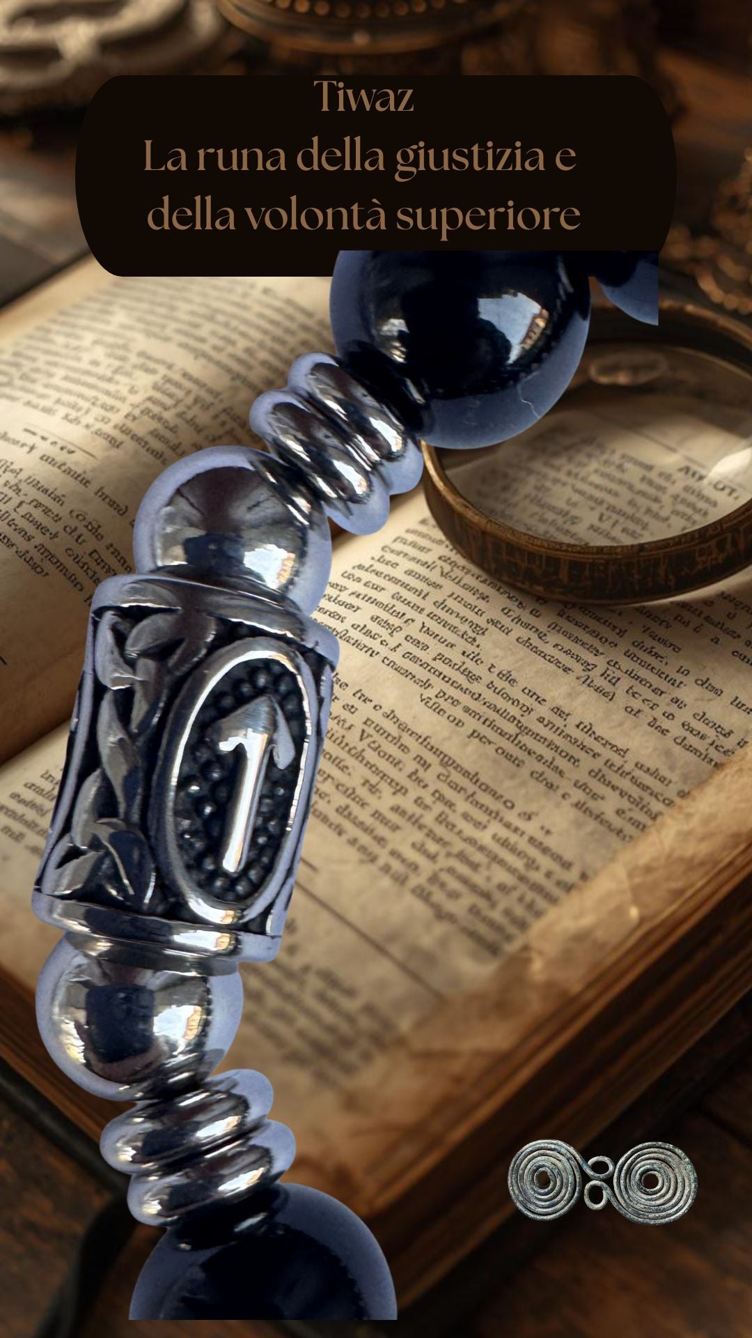 Dettaglio della runa norrena Tiwaz, simbolo di Tyr e della vittoria, su tormalina nera naturale.  Immagine in verticale per social