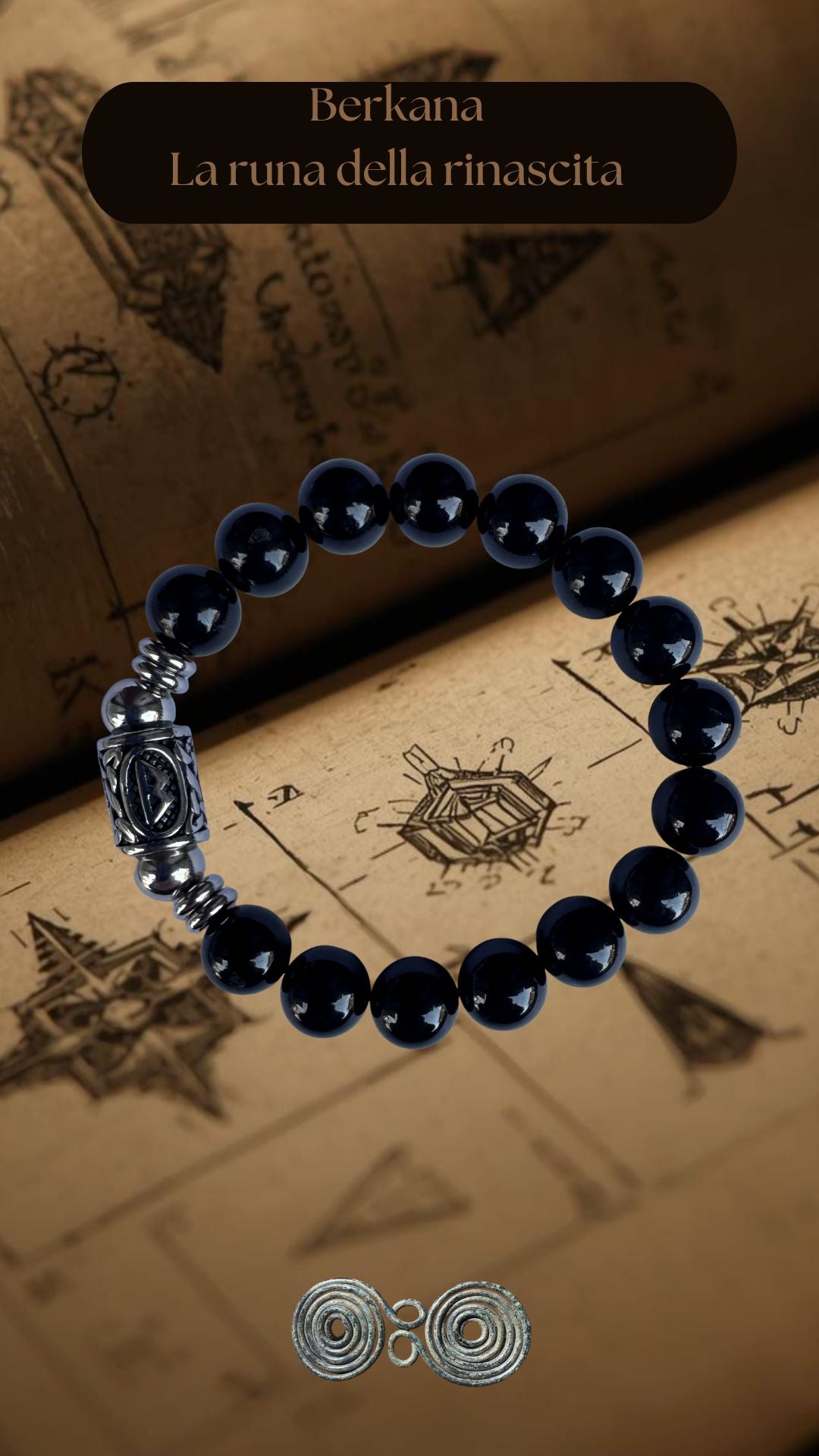 Bracciale in Tormalina Nera PE8058 con la runa Berkana incisa, simbolo di crescita e rinascita