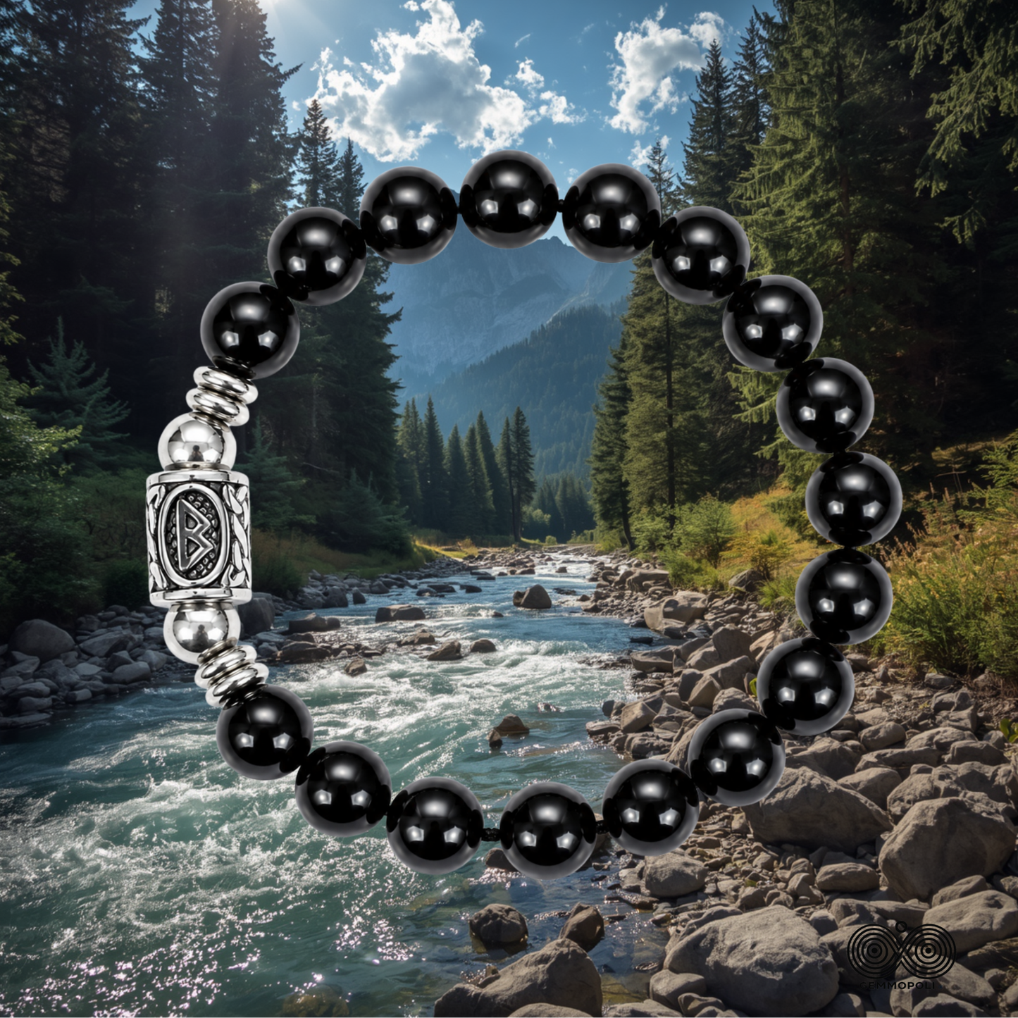 Bracciale Tormalina Nera Grado A con Runa Berkana in Acciaio Inox Gemmopoli PE8058 