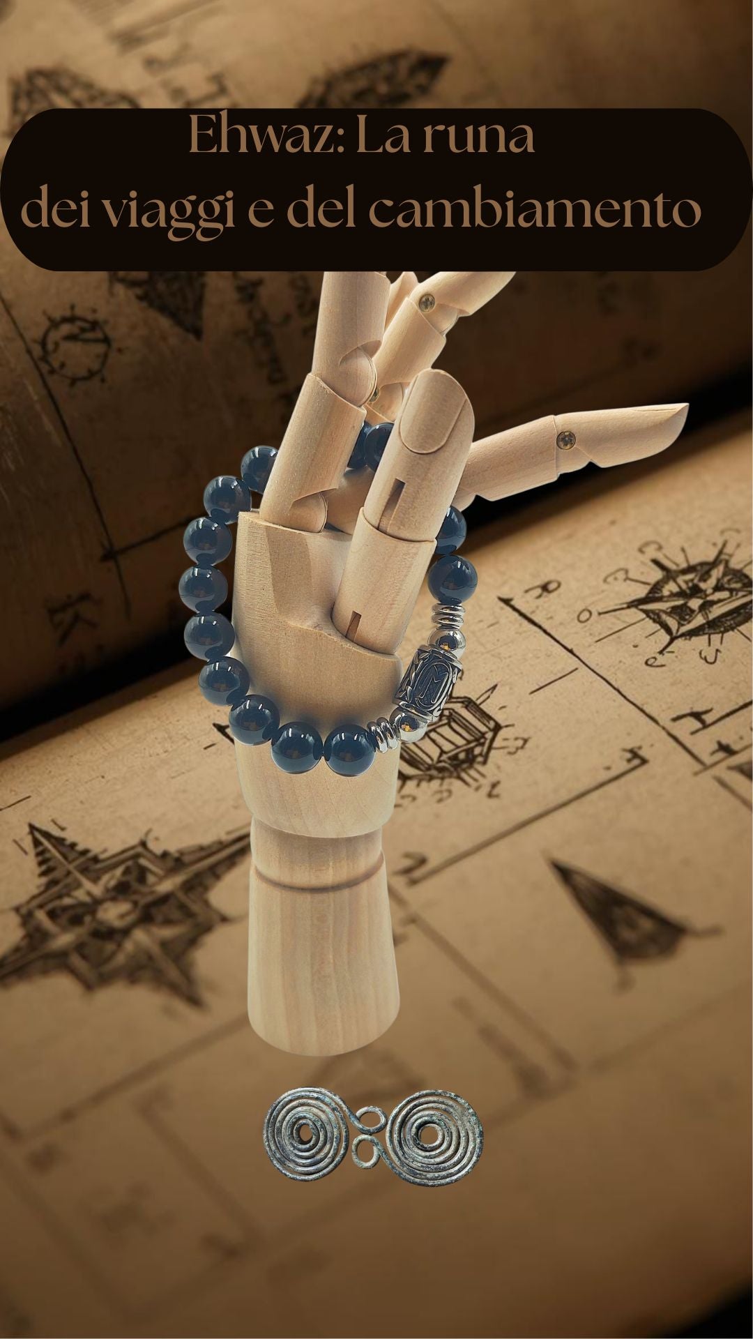 Bracciale in Tormalina Nera PE8064 con la runa Ehwaz. Verticale per marketplace