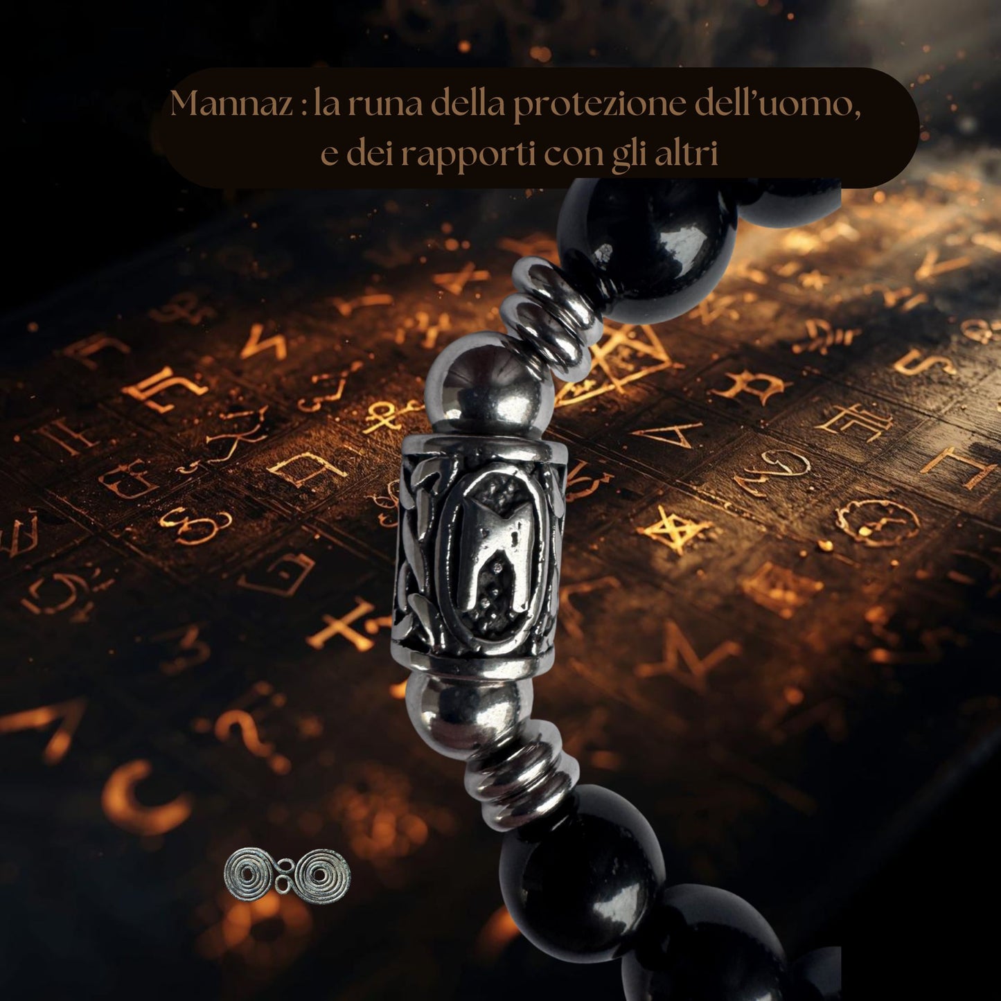 Dettaglio della runa norrena Mannaz su tormalina nera naturale del lotto certificato , sfondo esoterico.