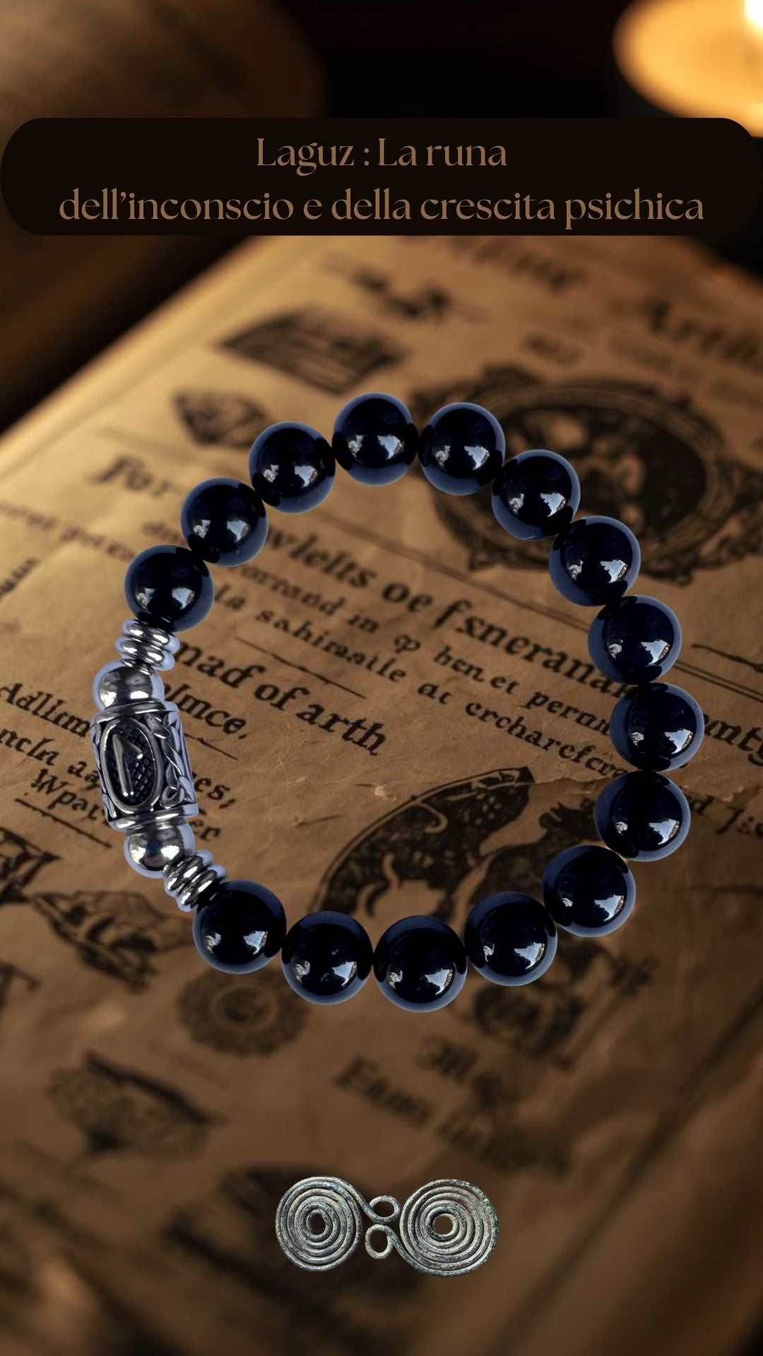 Bracciale in Tormalina Nera PE8066 con la runa Laguz incisa su acciao inox , simbolo dell'acqua e dell'intuizione.