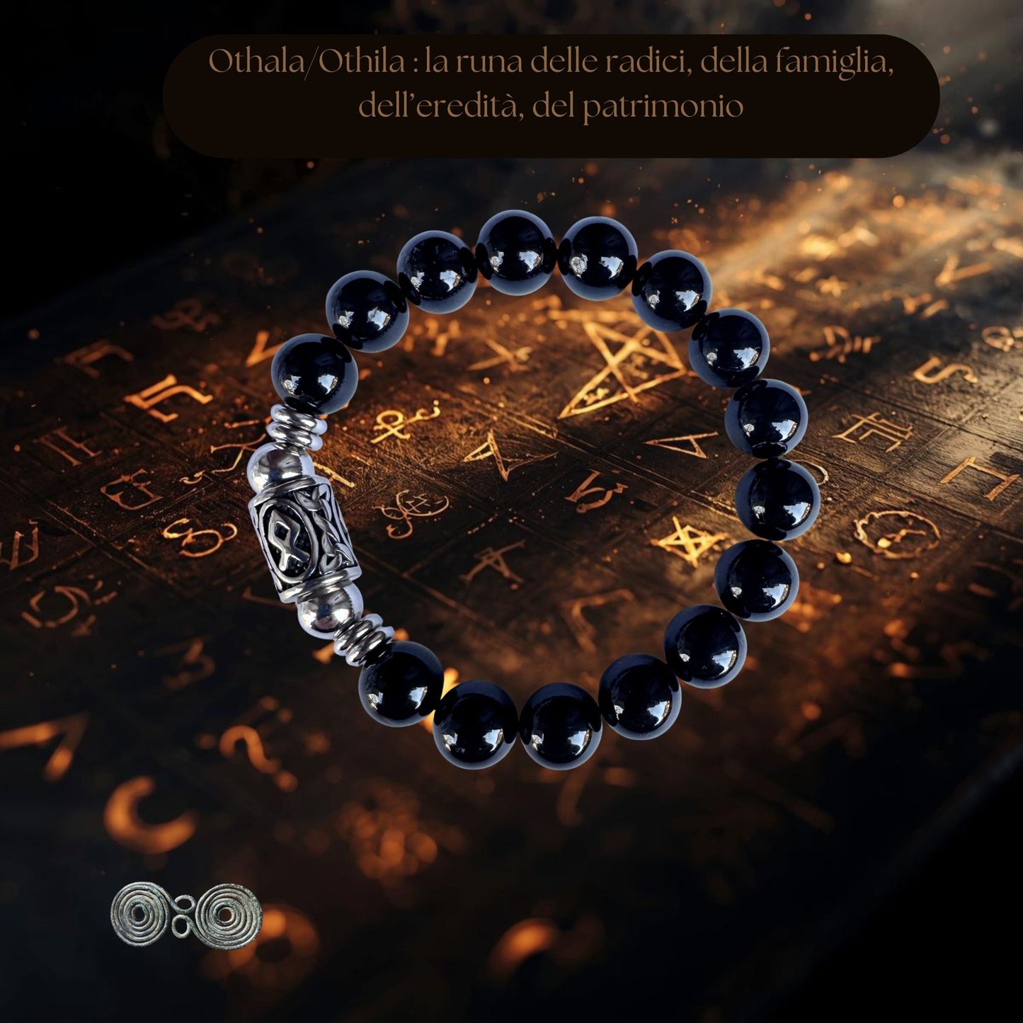 Bracciale Runa Othila - Othala  Tormalina Nera 10mm fondo esoterico