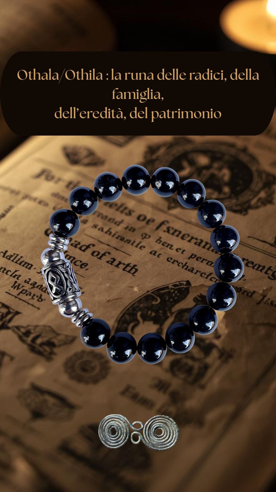 Bracciale Pietra Aurea PE8068 Runa Gebo e Tormalina Nera su sfondo esoterico, formato verticale per Tik Tok