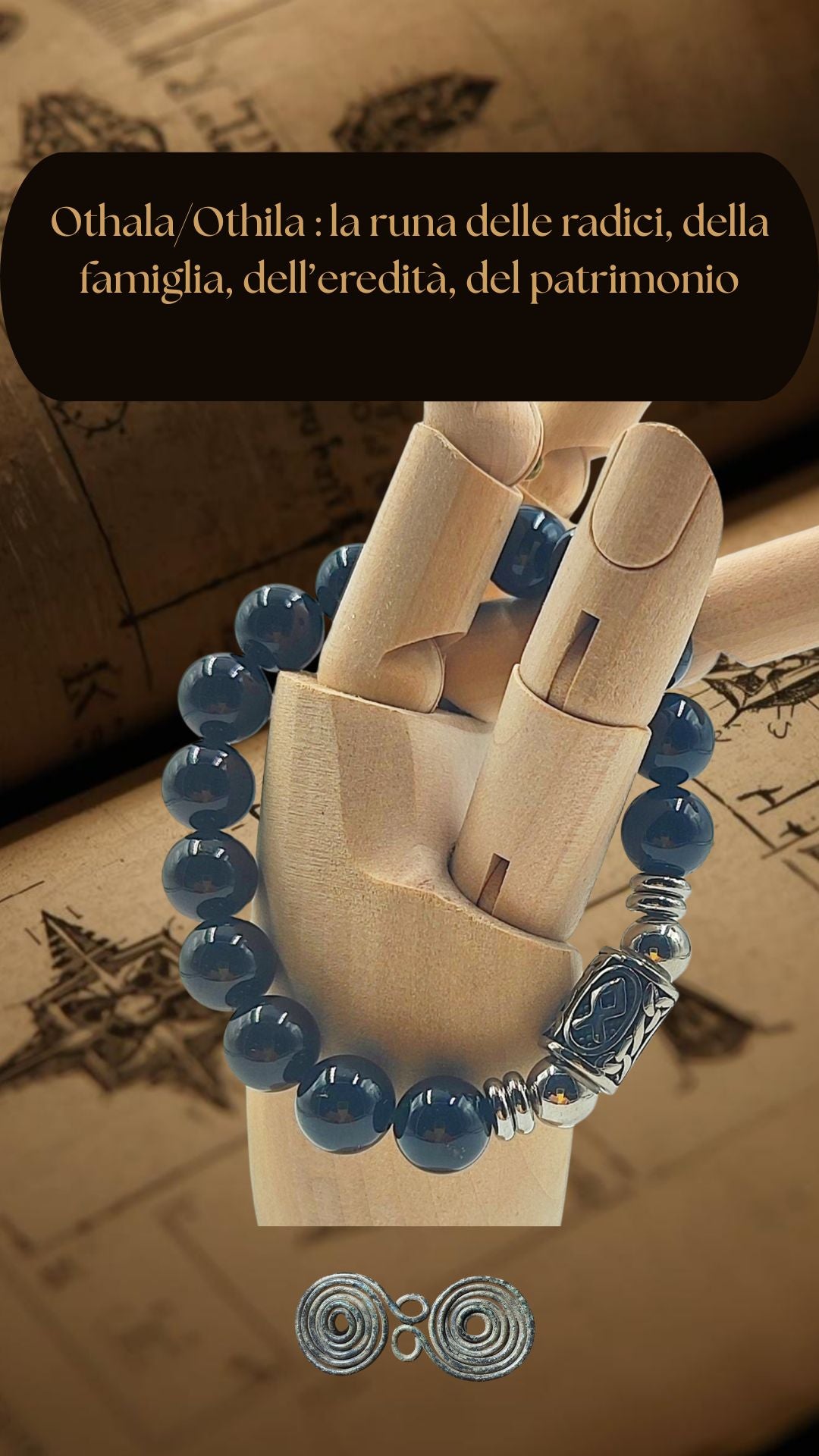 Bracciale Pietra Aurea PE8068 Runa Othala e Tormalina Nera su sfondo iniziatico. Verticale