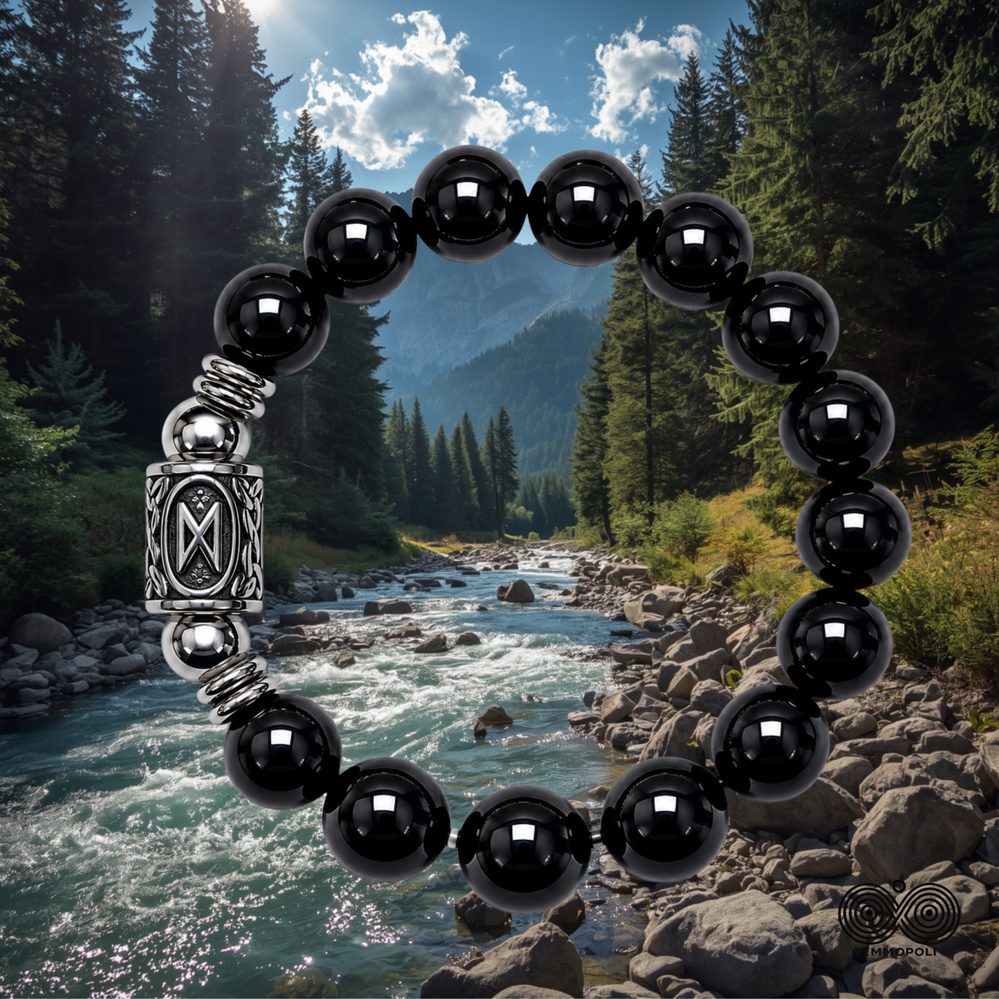 Bracciale Tormalina Nera Naturale Grado A 10 mm Runa Dagaz  Lotto Certificato PE8069 - Gemmopoli