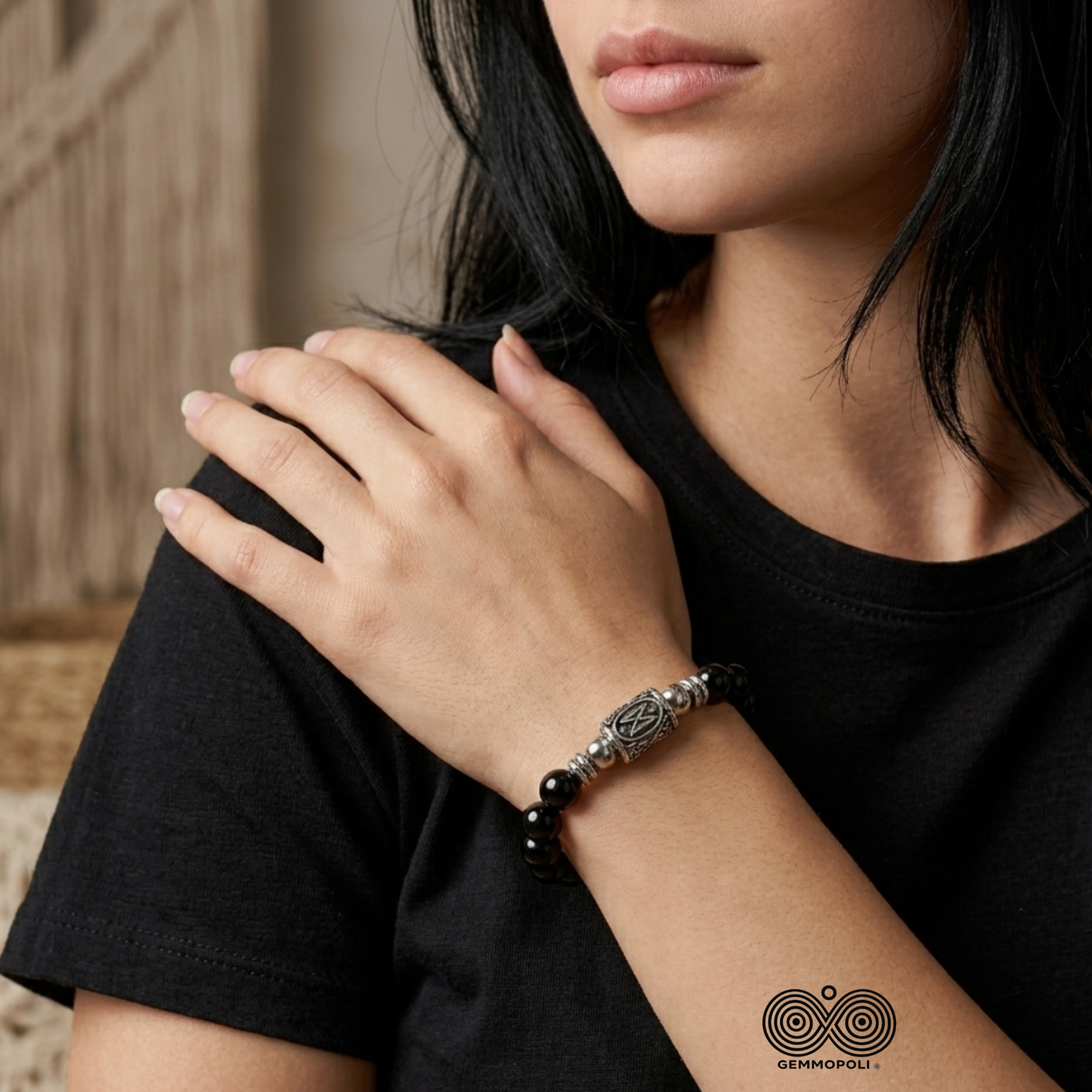 Bracciale Tormalina Nera Naturale Grado A 10 mm Runa Dagaz  Lotto Certificato PE8069 - Gemmopoli