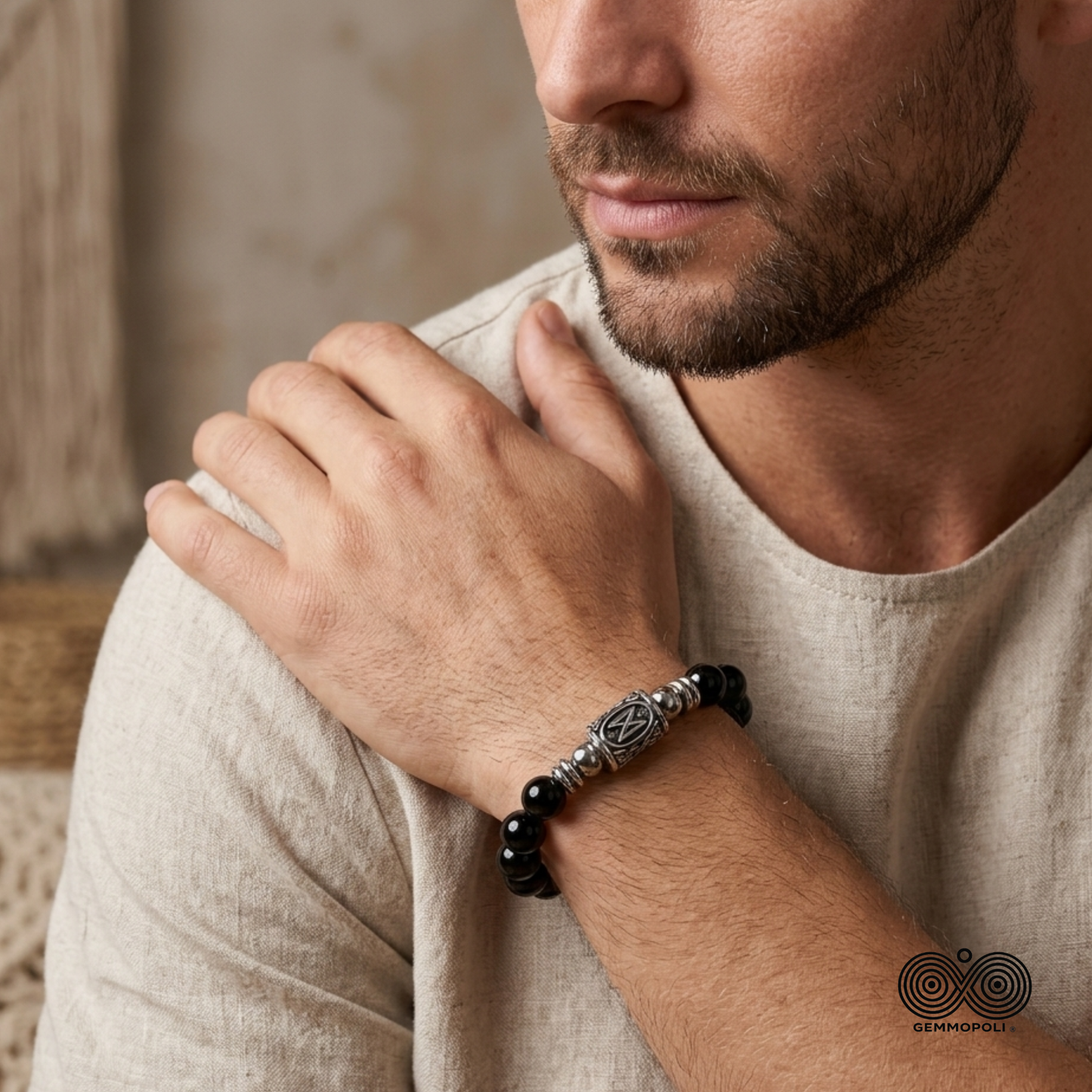 Bracciale Tormalina Nera Naturale Grado A 10 mm Runa Dagaz  Lotto Certificato PE8069 - Gemmopoli