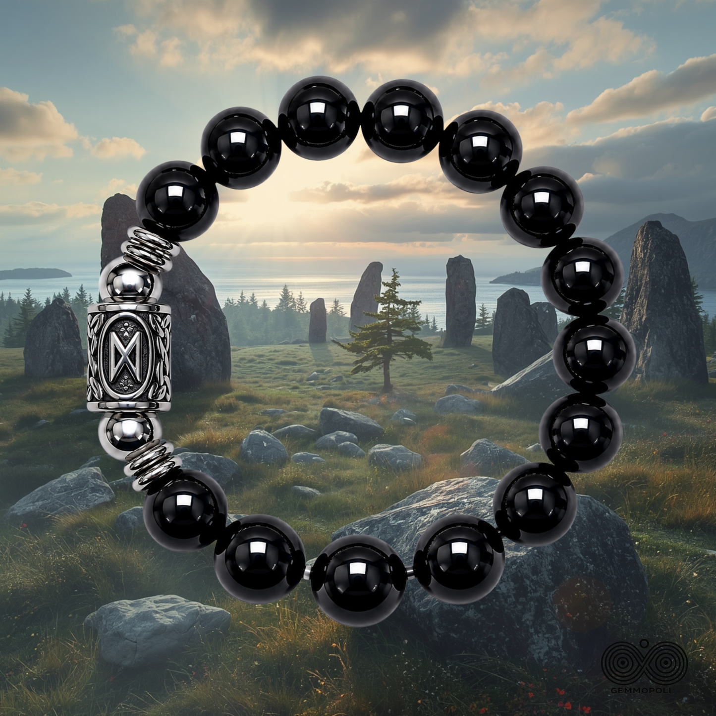 Bracciale Tormalina Nera Naturale Grado A 10 mm Runa Dagaz  Lotto Certificato PE8069 - Gemmopoli