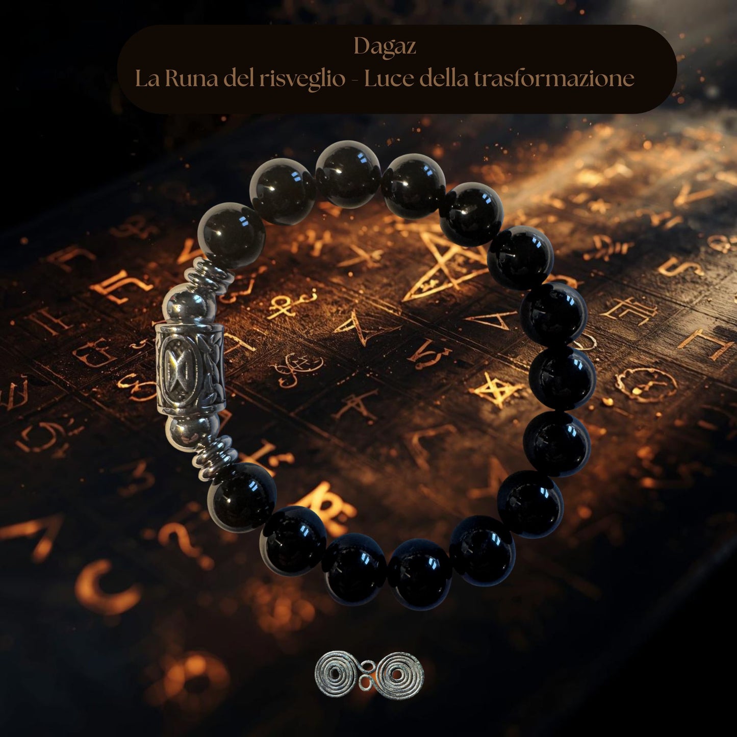 Bracciale Elastico Runa Dagaz PE8069 in Tormalina Nera 10 mm da lotto Certificato su sfondo iniziatico