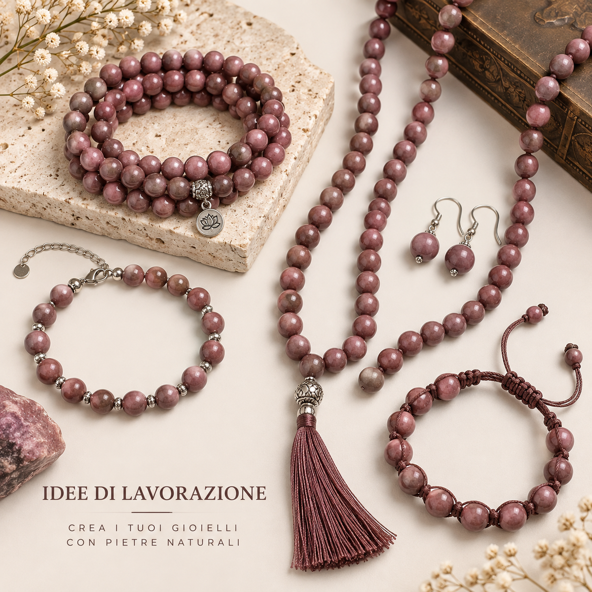 Esempi di lavorazione con perle Madreperla Rosa Rodonite Gemmopoli SP0004